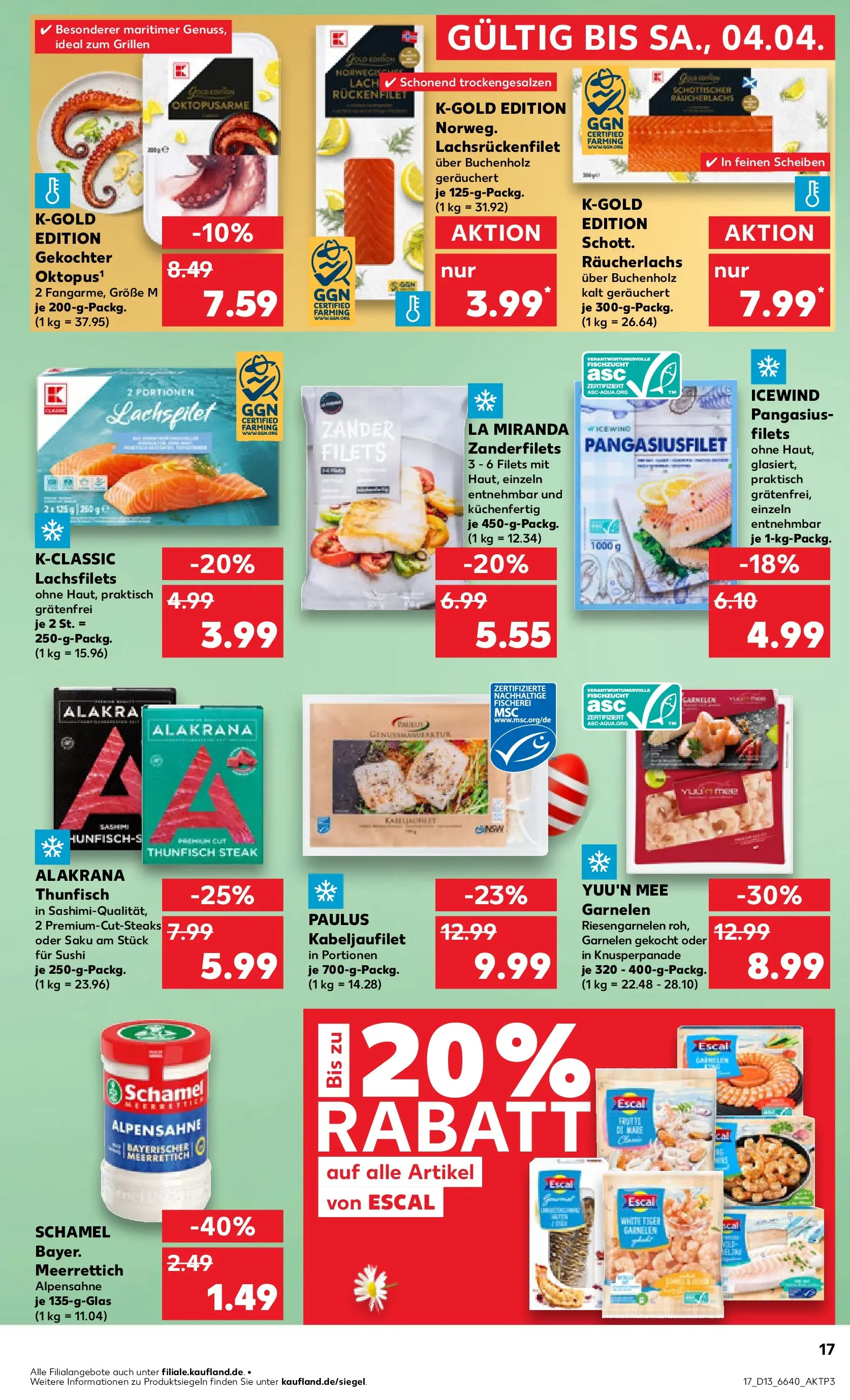 Prospekt Kaufland ab 26.03.2026 » Angebote Online zum Blättern | Seite: 17 | Produkte: Garnelen, Räucherlachs, Tiger garnelen, Steak