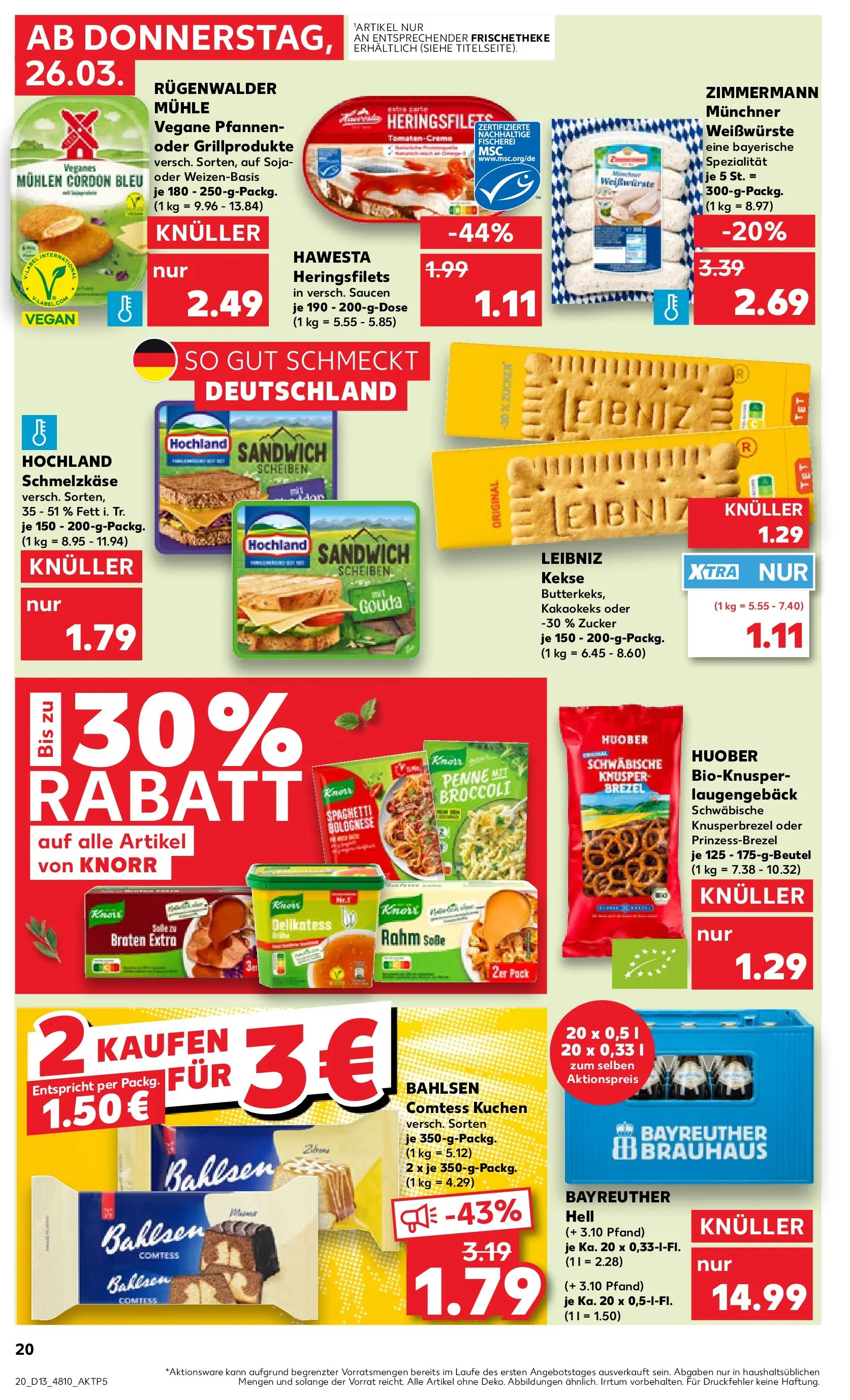 Prospekt Kaufland ab 26.03.2026 » Angebote Online zum Blättern | Seite: 20 | Produkte: Bayreuther hell, Mühle, Knorr, Kuchen