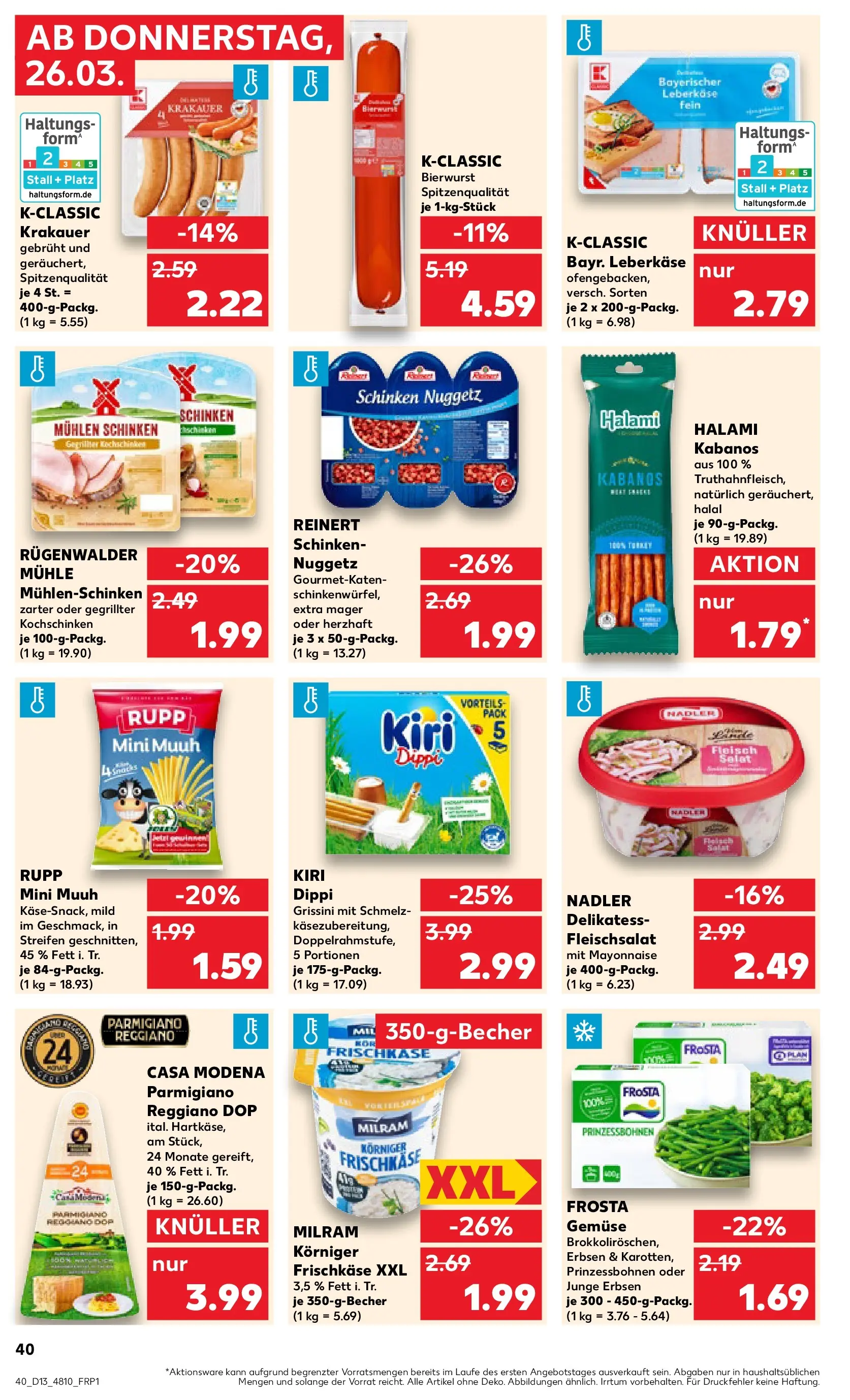 Prospekt Kaufland ab 26.03.2026 » Angebote Online zum Blättern | Seite: 40 | Produkte: Frosta, Gemüse, Milram, Leberkase