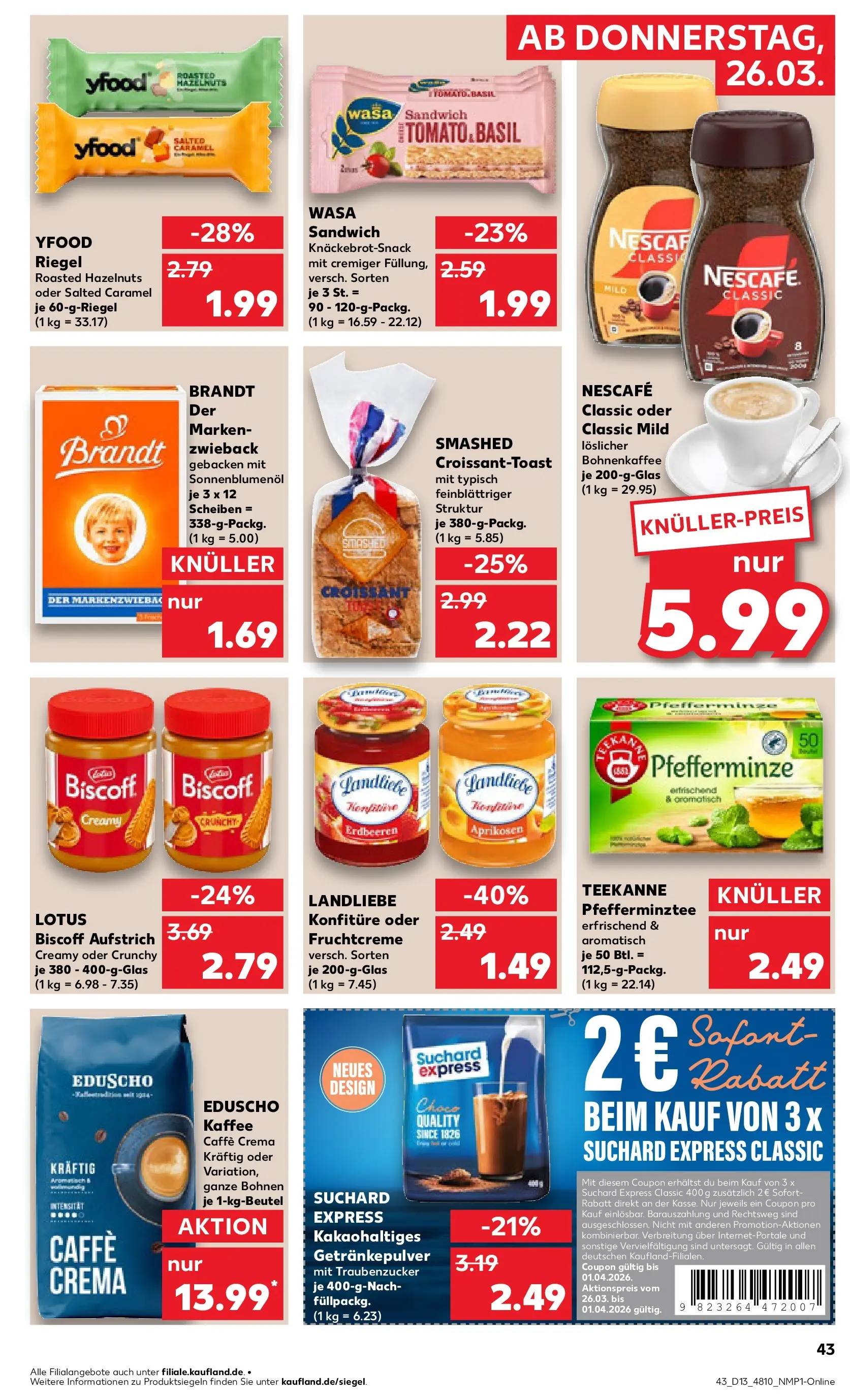 Prospekt Kaufland ab 26.03.2026 » Angebote Online zum Blättern | Seite: 43 | Produkte: Nescafe, Sonnenblumenol, YFood, Nescafe classic