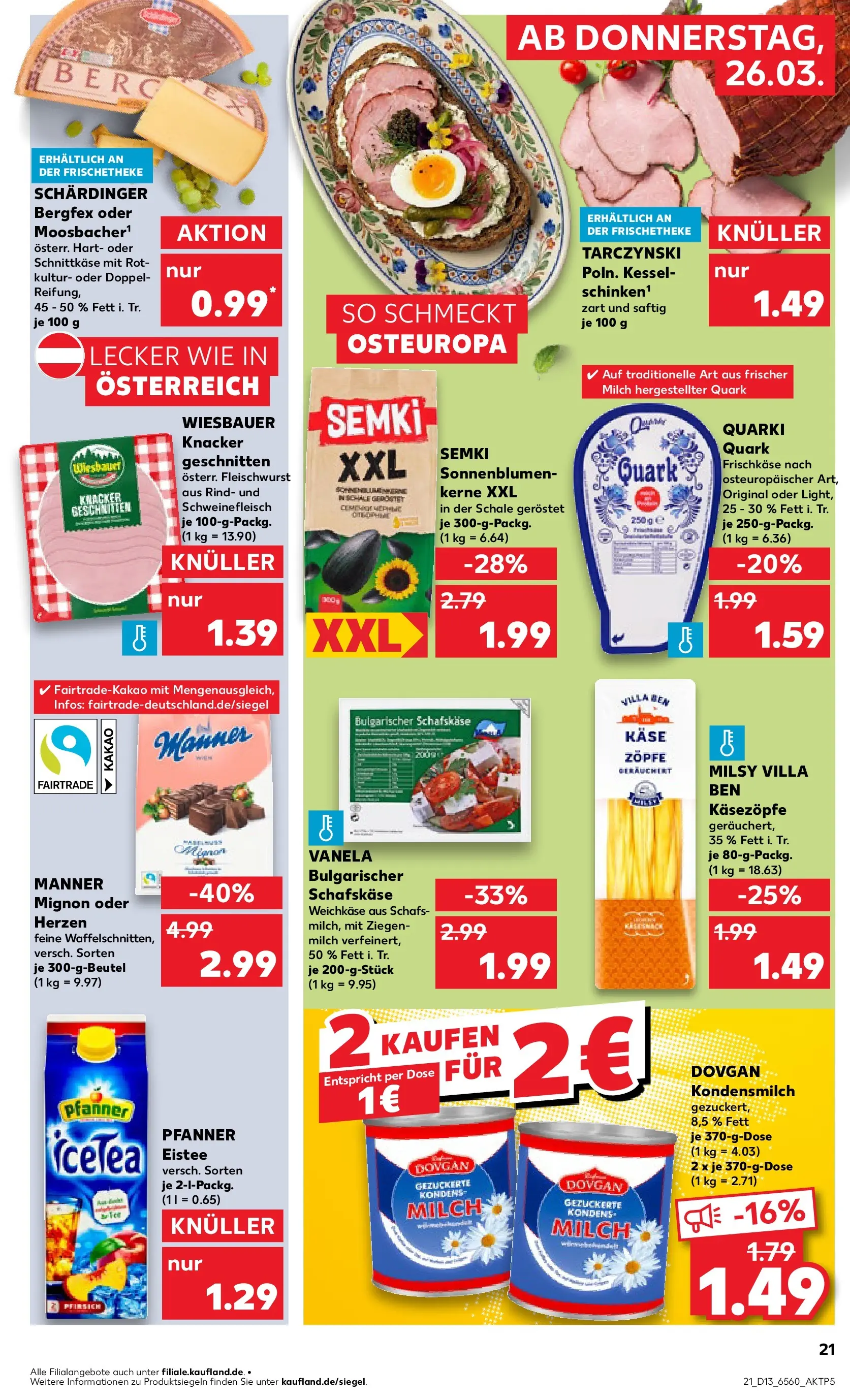 Prospekt Kaufland ab 26.03.2026 » Angebote Online zum Blättern | Seite: 21 | Produkte: Quark, Milch, Pfirsich, Schweinefleisch