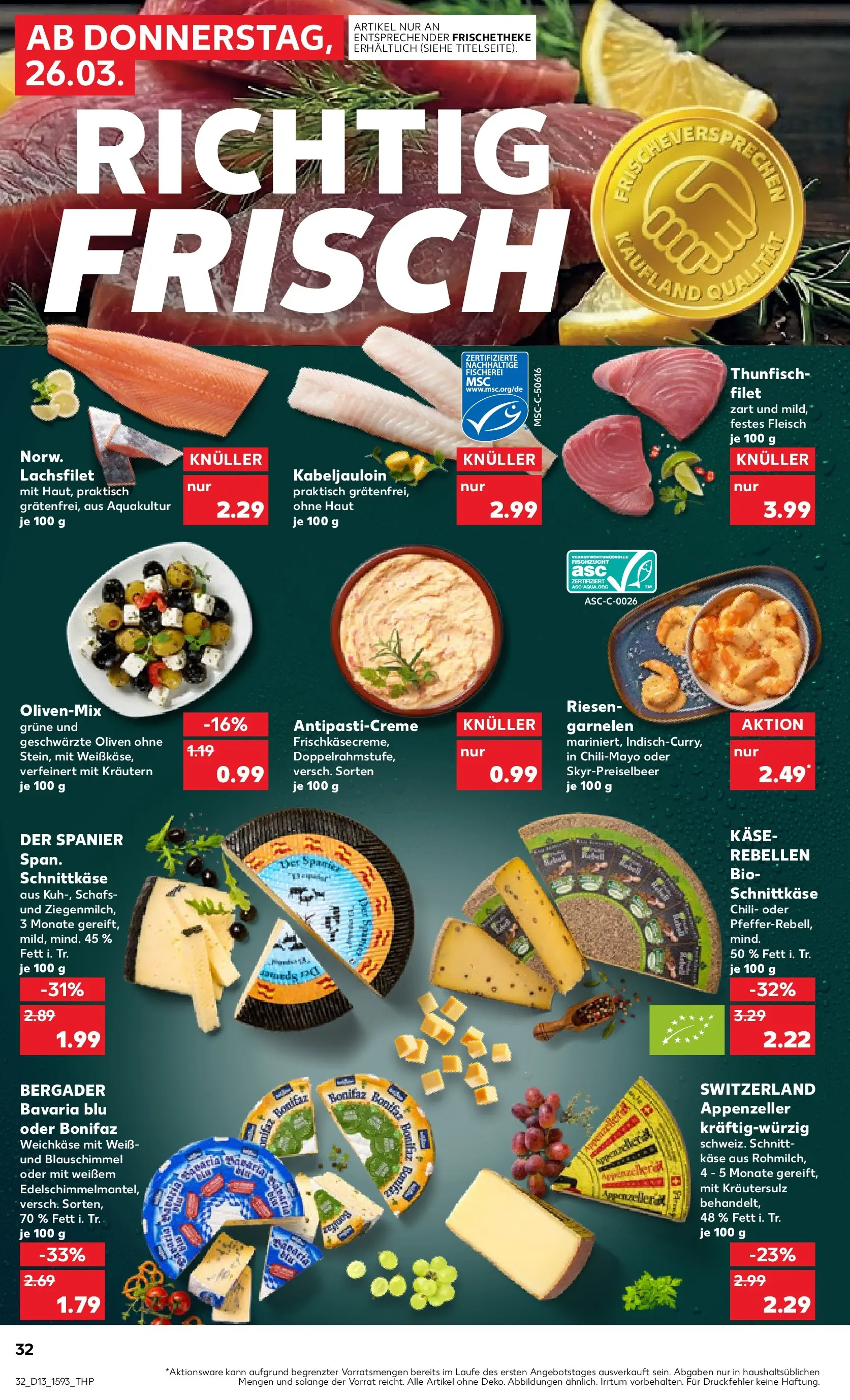 Prospekt Kaufland ab 26.03.2026 » Angebote Online zum Blättern | Seite: 32 | Produkte: Käse, Thunfisch, Garnelen, Fleisch