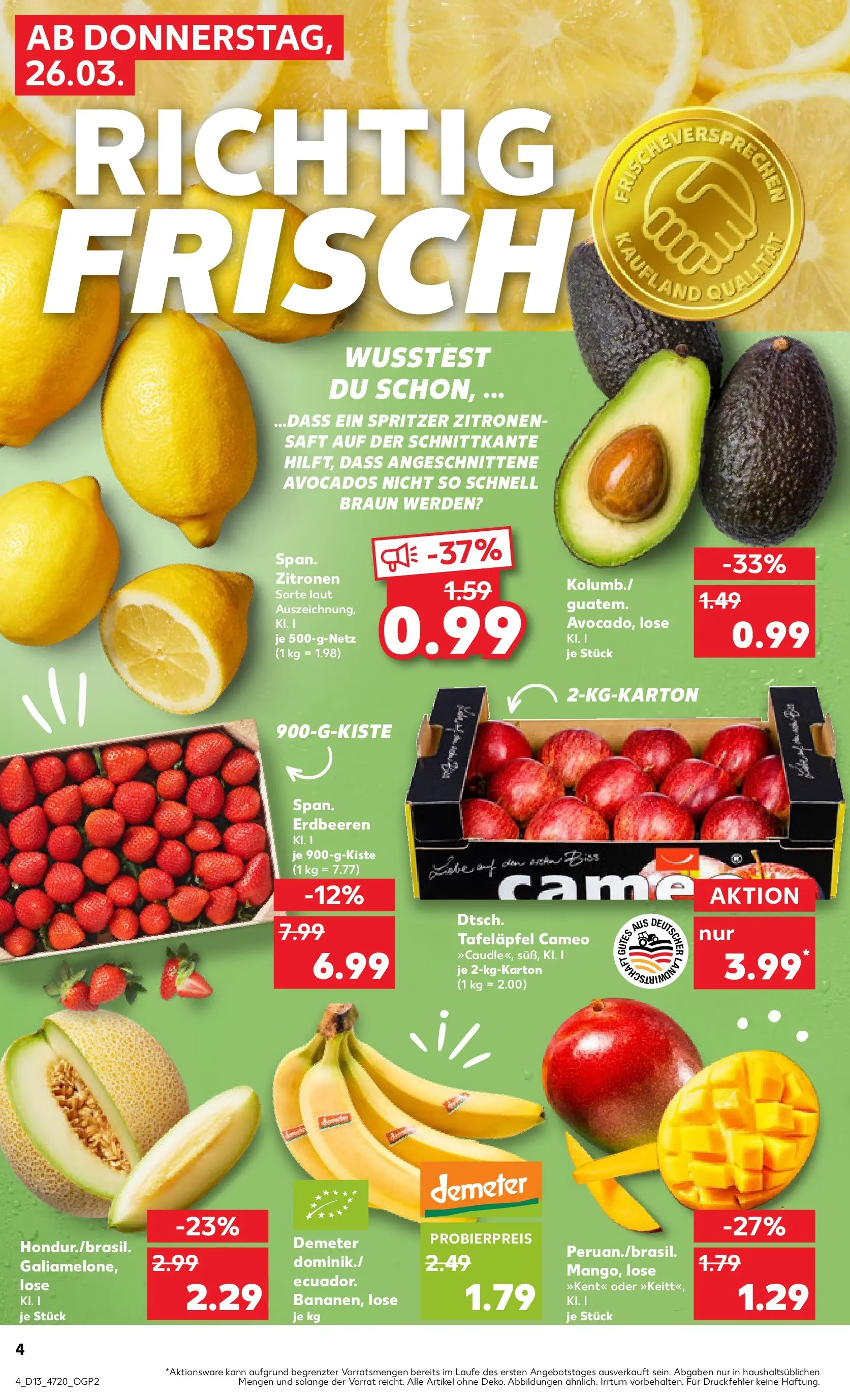 Prospekt Kaufland ab 26.03.2026 » Angebote Online zum Blättern | Seite: 4 | Produkte: Saft, Erdbeeren, Zitronen