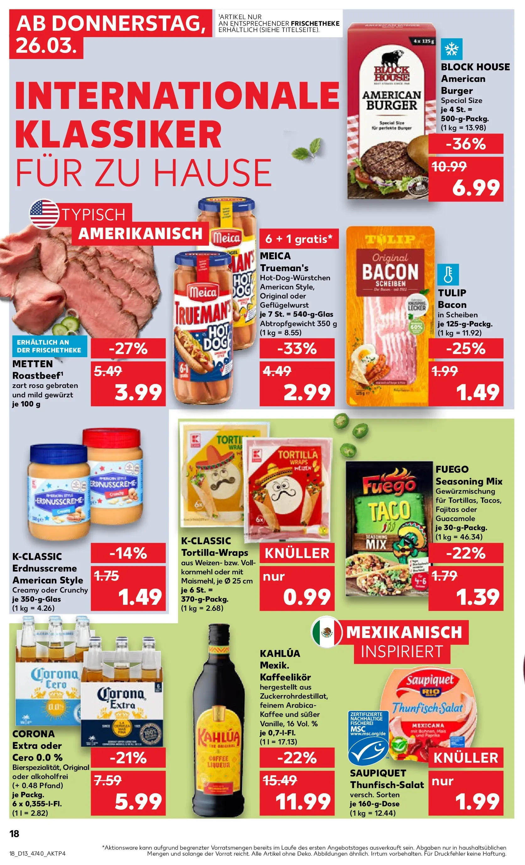 Prospekt Kaufland ab 26.03.2026 » Angebote Online zum Blättern | Seite: 18 | Produkte: Thunfisch, Burger, Roastbeef, Meica