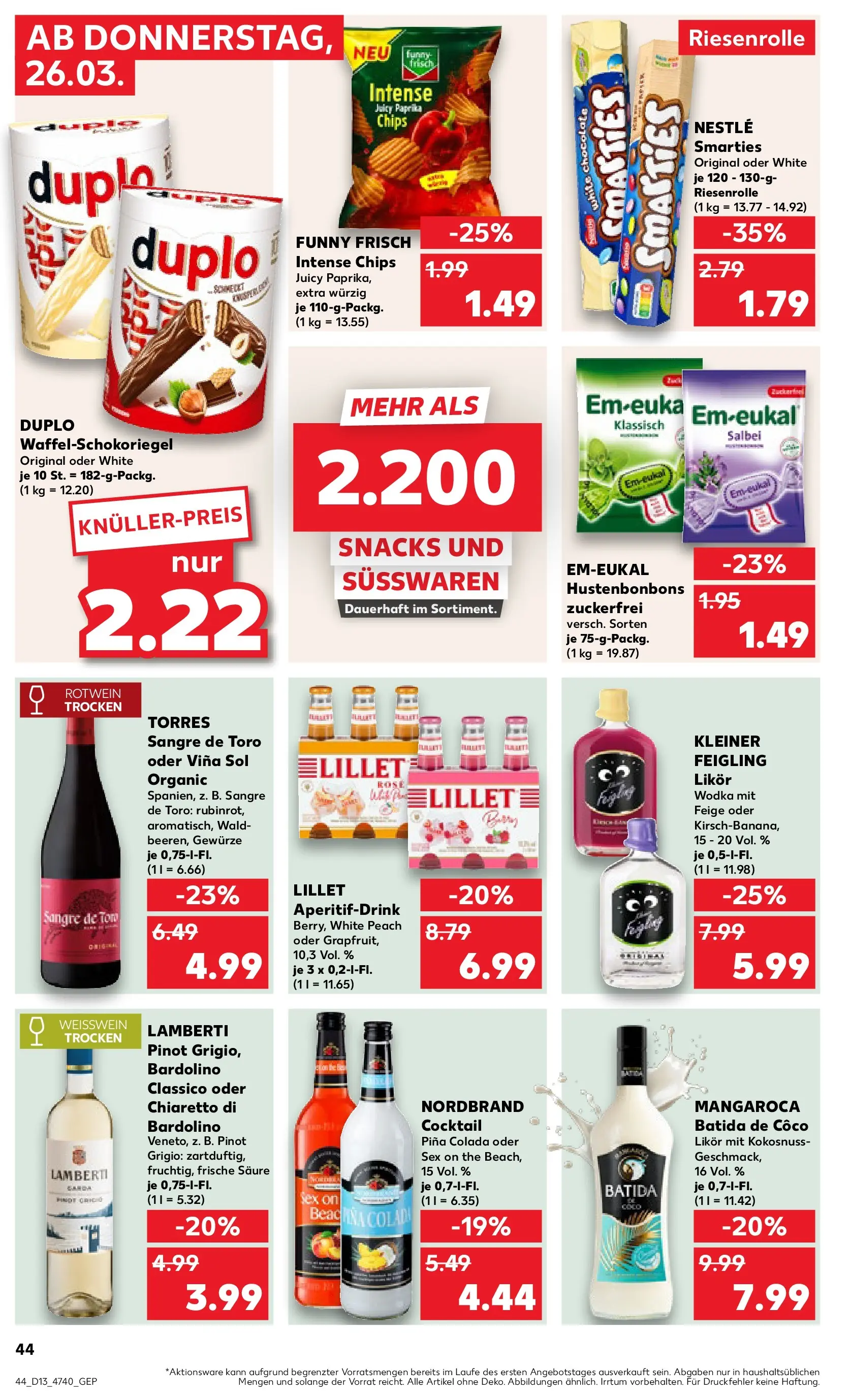 Prospekt Kaufland ab 26.03.2026 » Angebote Online zum Blättern | Seite: 44 | Produkte: Rotwein trocken, Kleiner feigling, Weißwein trocken, Batida de coco