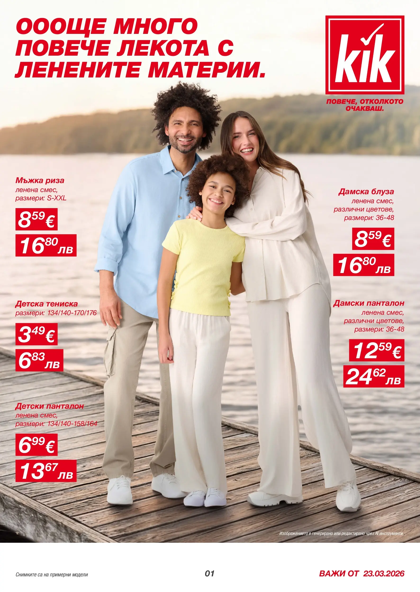 Kik - Повечве лекота с ленени материи в KiK валидна от: 20.03.2026 - 29.03.2026 - онлайн брошура | Страница: 1 | Продукти: Риза, Блуза, Панталон