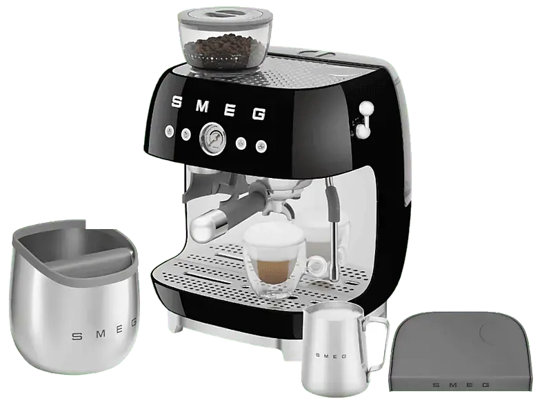 Smeg EGF 03 BLEU 50's Style Espressomaschine mit Siebtr&auml;ger Set inkl. Tamping-Matte & Abschlagbeh&auml;lter (Schwarz, Kegelmahlwerk aus Edelstahl, 1650 Watt, 20 bar)