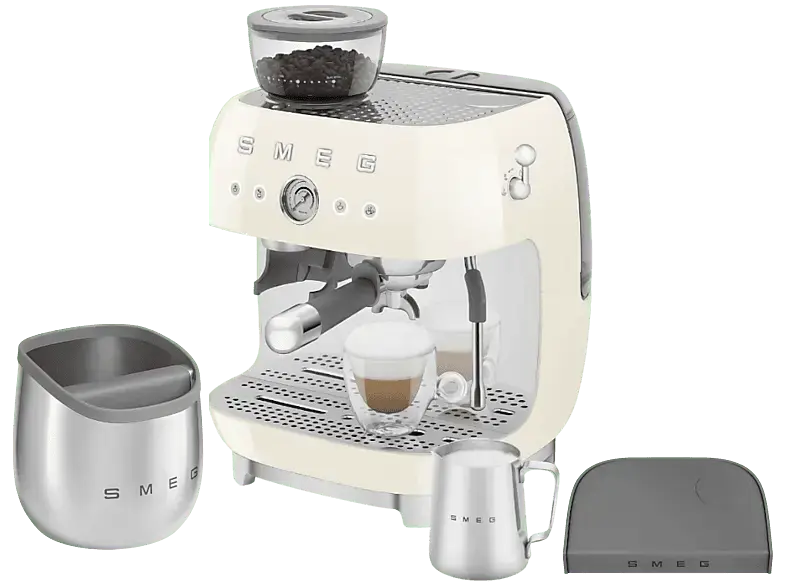 Smeg EGF03CREU 50's Style Espressomaschine mit Siebtr&auml;ger Set inkl. Tamping-Matte & Abschlagbeh&auml;lter (Creme, Kegelmahlwerk aus Edelstahl, 1650 Watt, 20 bar)