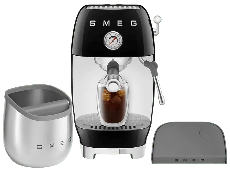 Smeg ECF03BLEU 50's Style Siebtr&auml;germaschine Set inkl. Tamping-Matte & Abschlagbeh&auml;lter (Schwarz, 1650 Watt, 15 bar)
