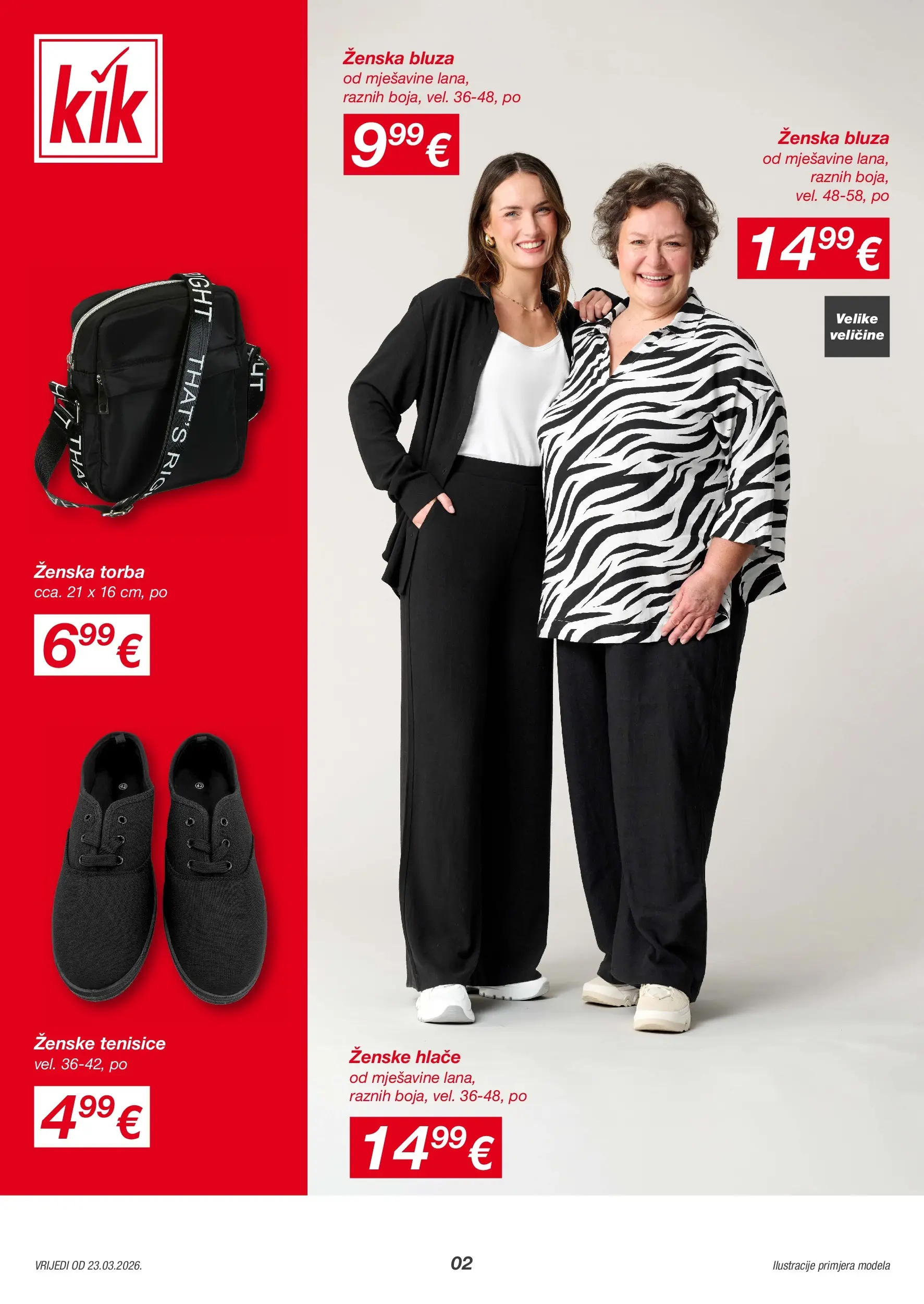 Kik - KiK katalog do 29.03.2026 novi od 22.03.2026 na listanje > letak digitalni | Stranica: 2 | Proizvodi: Bluza, Hlače, Tenisice, Torba