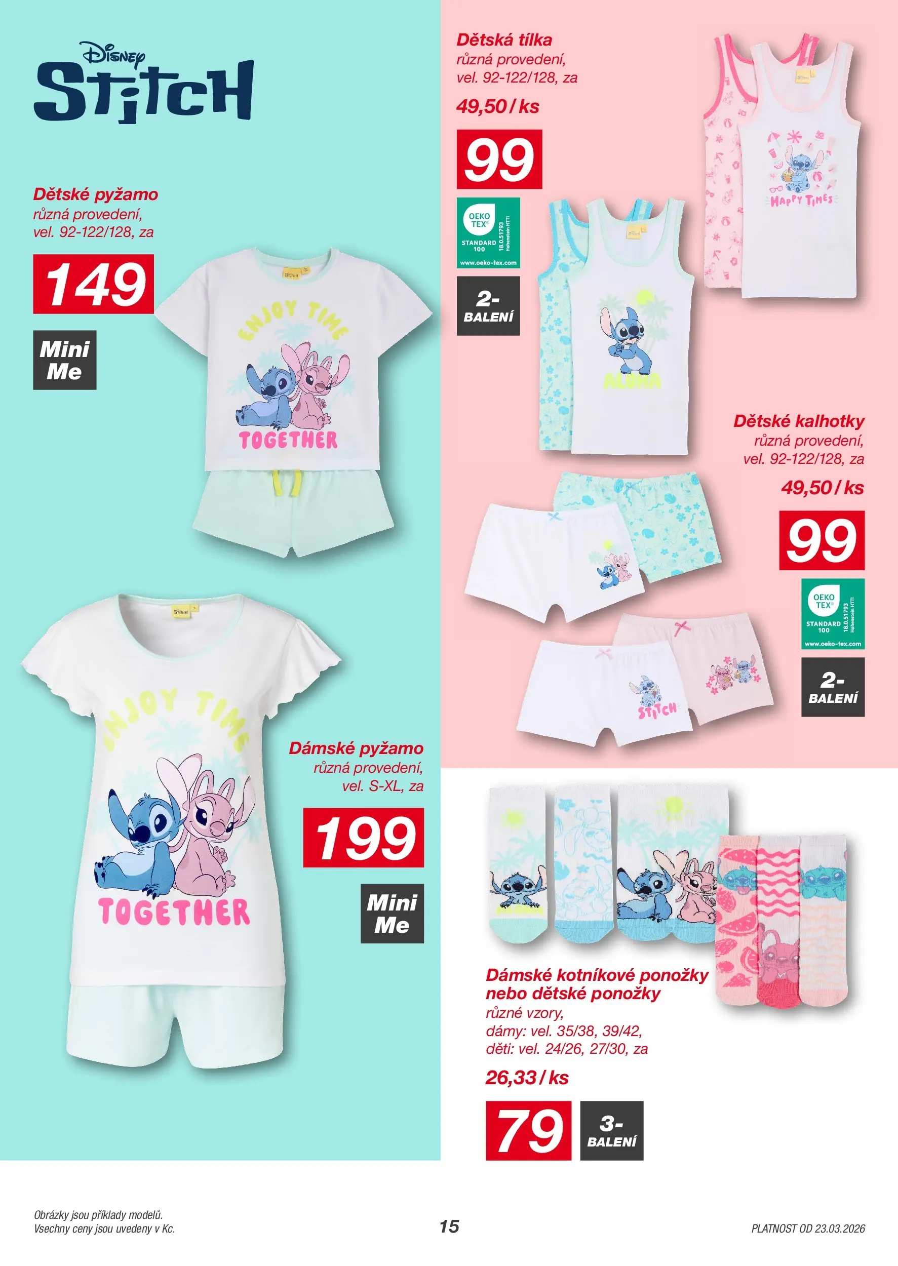 KIK leták 23.03.2026 - Leták příští týden | Strana: 15 | Produkty: Kalhotky, Ponožky, Dětské pyžamo, Stitch