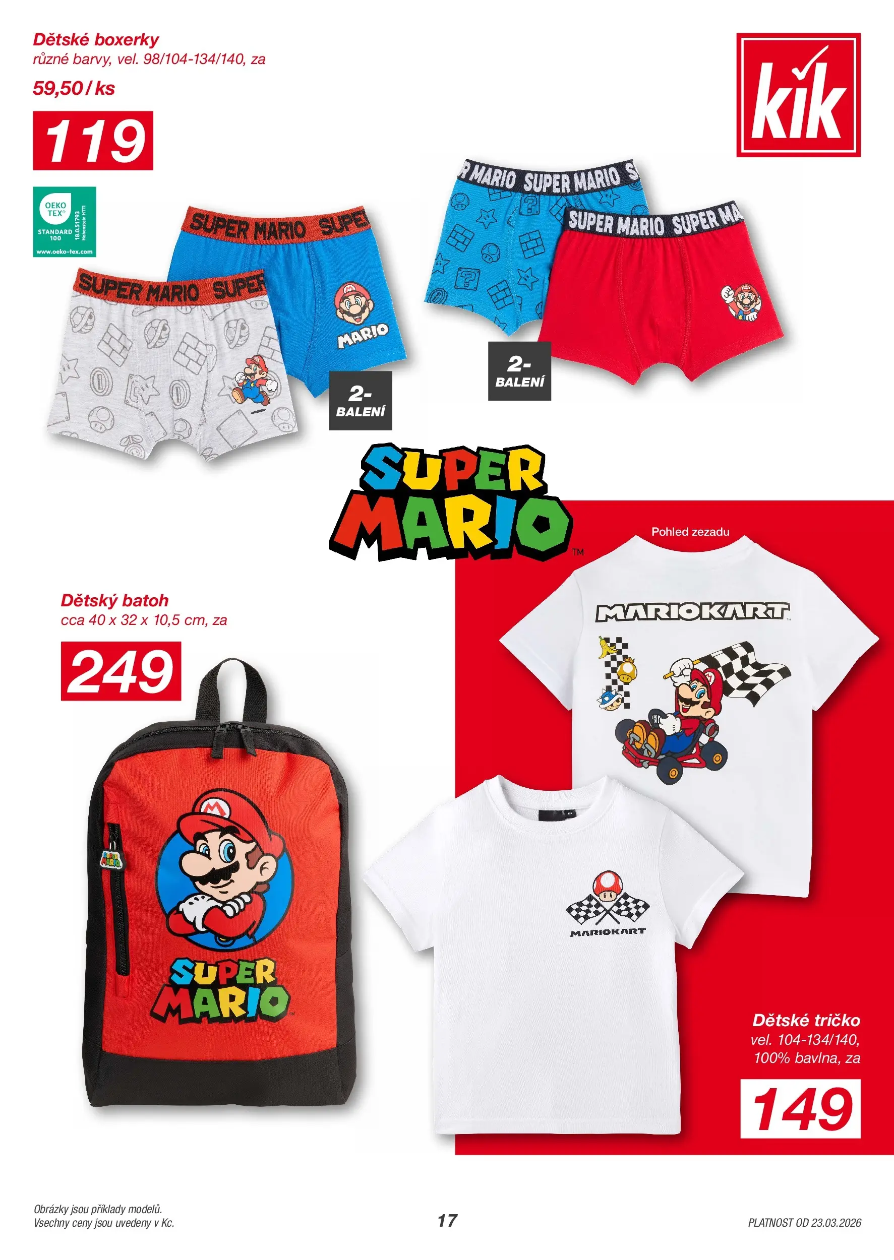 KIK leták 23.03.2026 - Leták příští týden | Strana: 17 | Produkty: Tričko, Boxerky, Batoh
