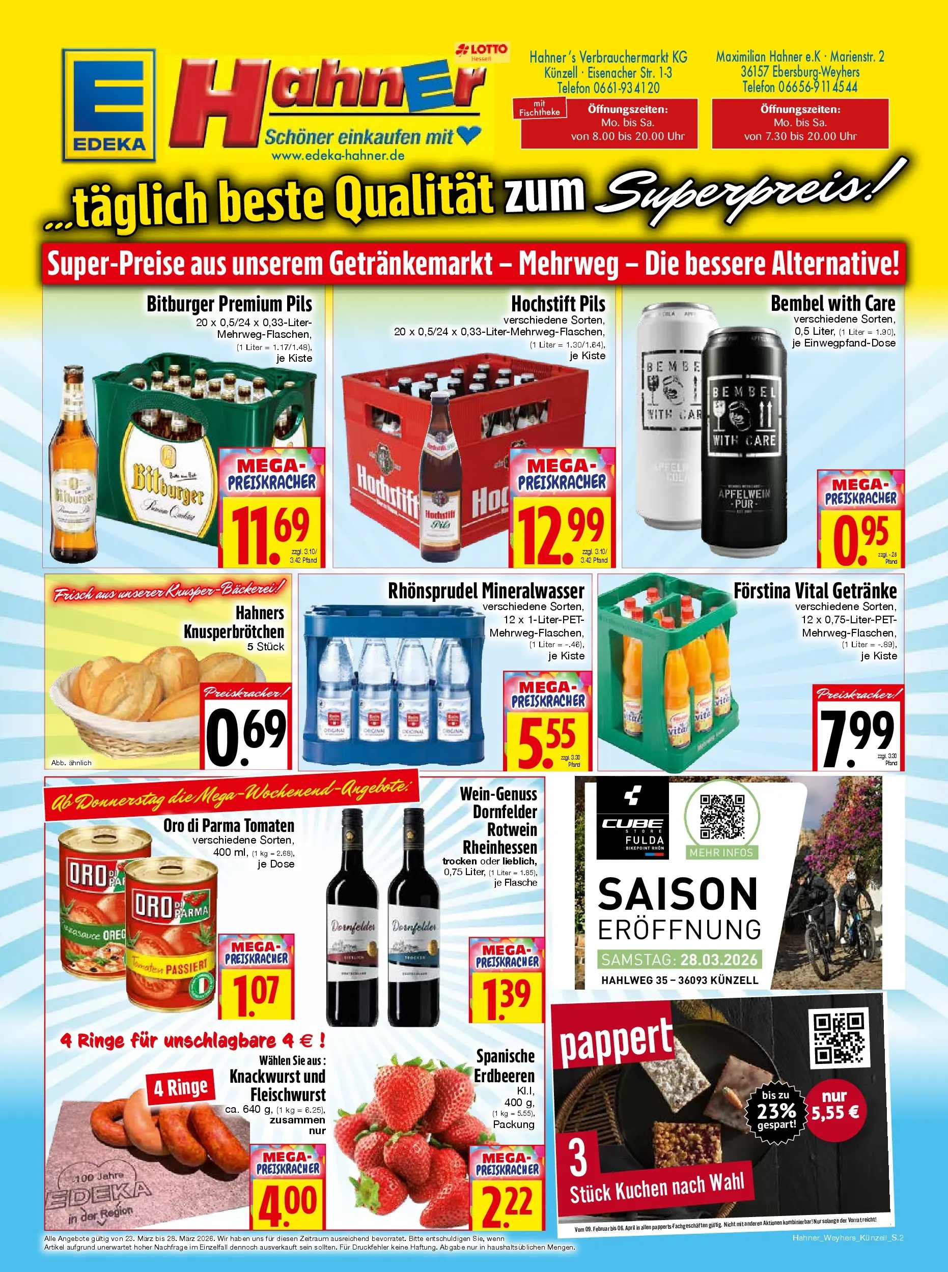 Angebote - Edeka Hahner: Wochenangebote (ab 22.03.2026) zum Blättern | Seite: 2 | Produkte: Pils, Tomaten, Erdbeeren, Telefon