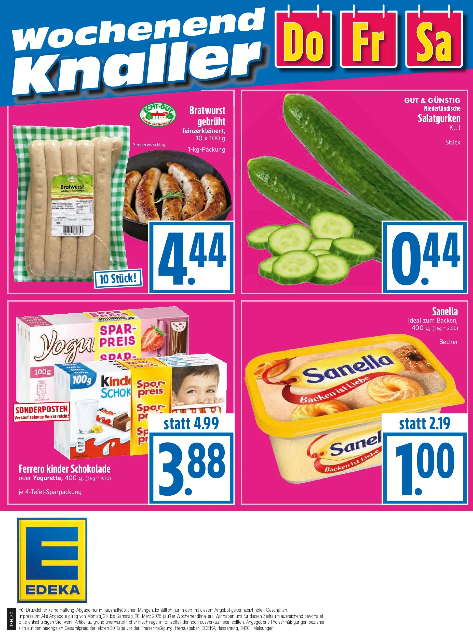 Angebote - Edeka Hahner: Wochenangebote (ab 22.03.2026) zum Blättern | Seite: 22 | Produkte: Kinder schokolade, Schokolade, Bratwurst, Sanella
