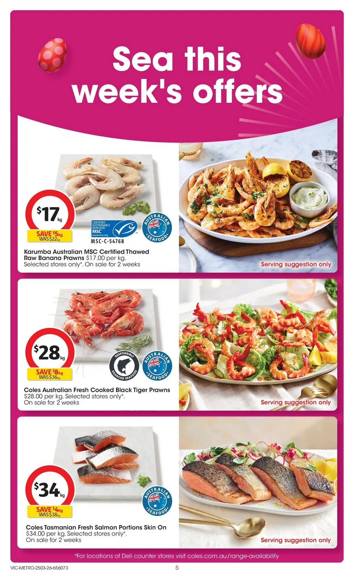 ﻿Coles catalogue valid from 24/03/2026 > Online Australia | Page: 5 | Products: Prawns, Salmon, Sustainable, Seafood