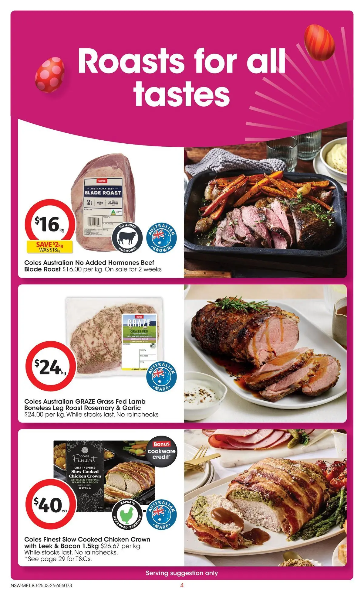Deals - Coles Catalogue - 25th March - 24/03/2026 > weekly / monthly specials | Page: 4 | Products: Bacon, Lamb, Beef, Garlic