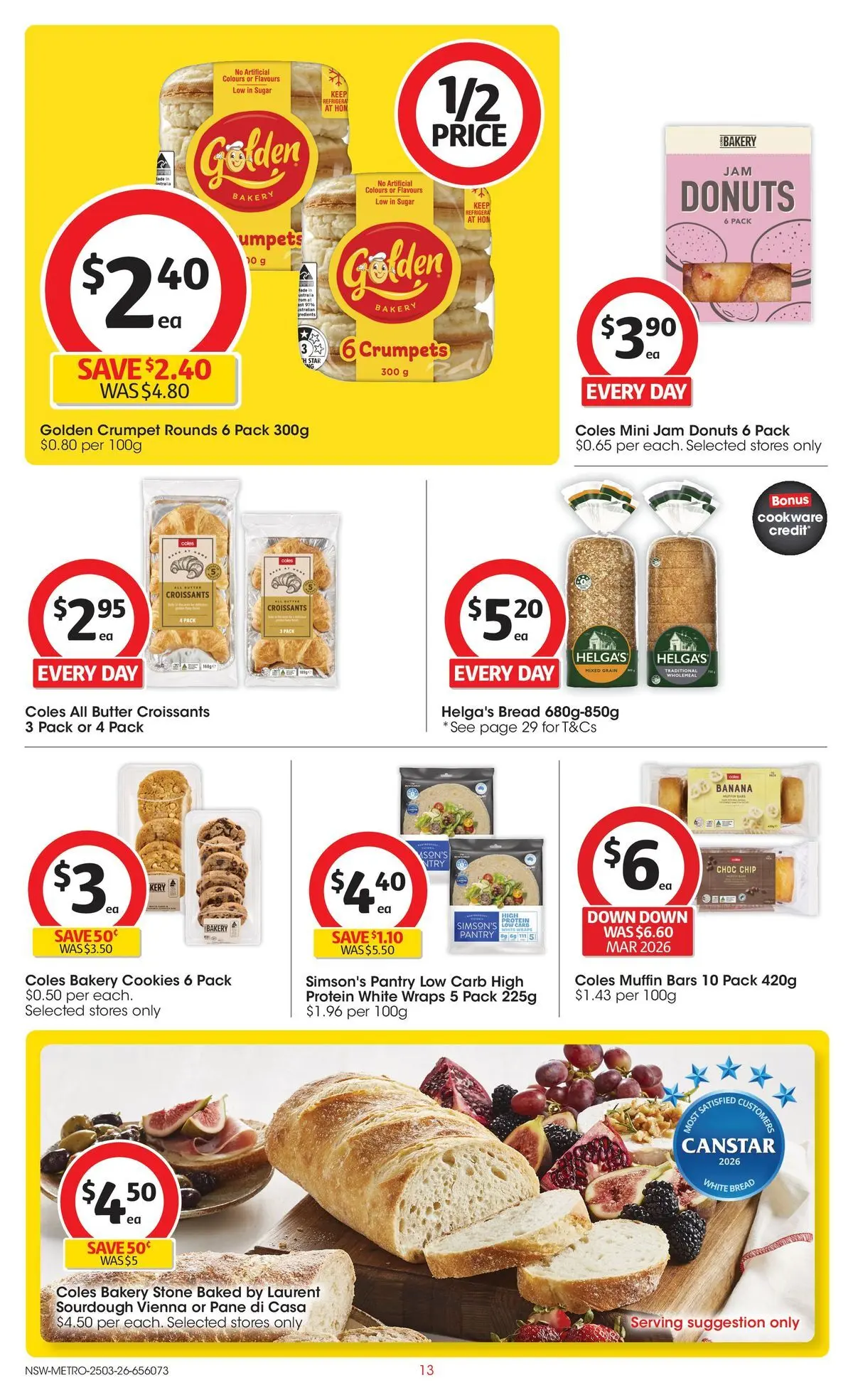 Deals - Coles Catalogue - 25th March - 24/03/2026 > weekly / monthly specials | Page: 13 | Products: Donuts, Bread, Cookware, Sugar