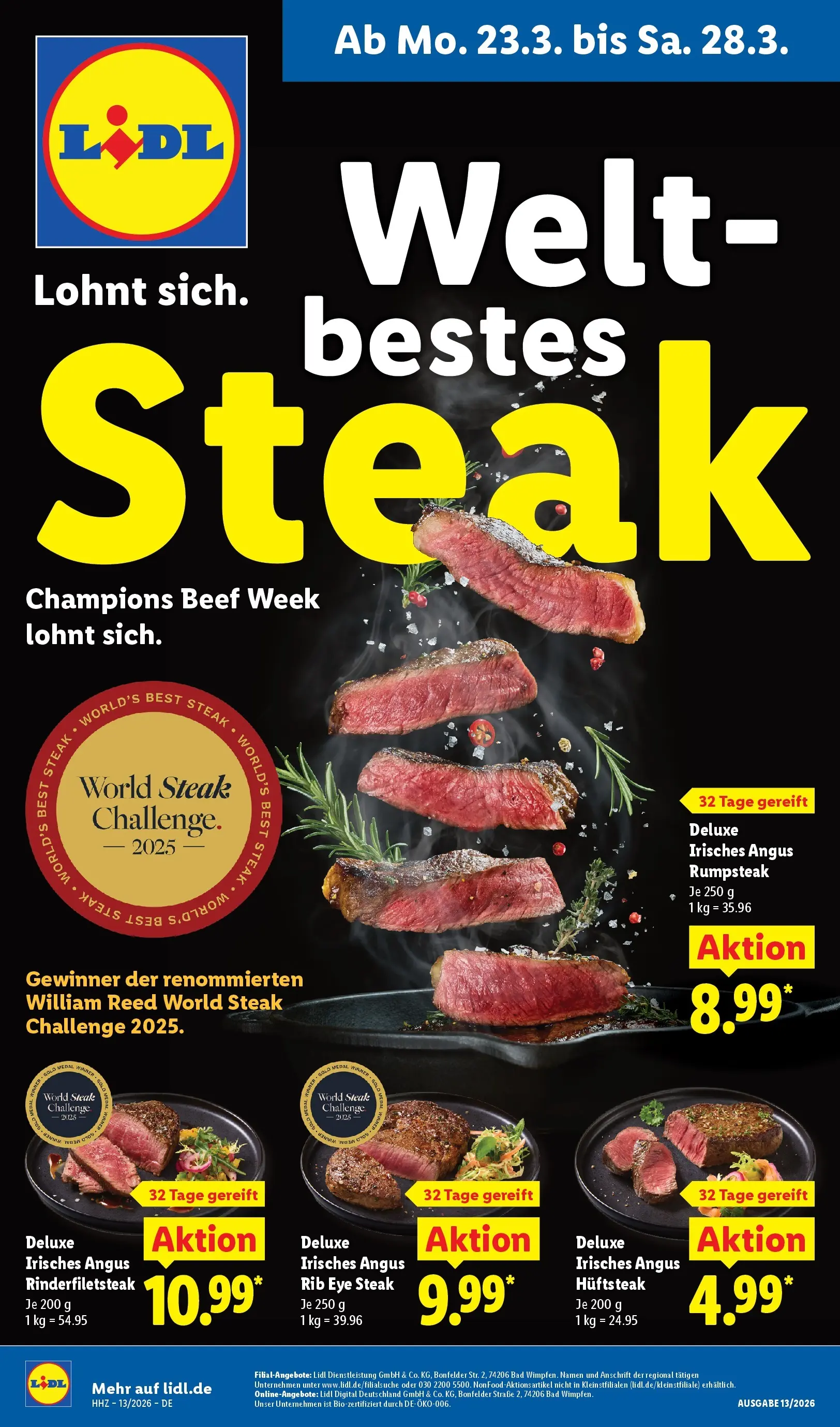Lidl Prospekt Hof-innenstadt (ab 22.03.2026) zum Blättern » Angebote | Seite: 1 | Produkte: Rumpsteak, Bad, Steak