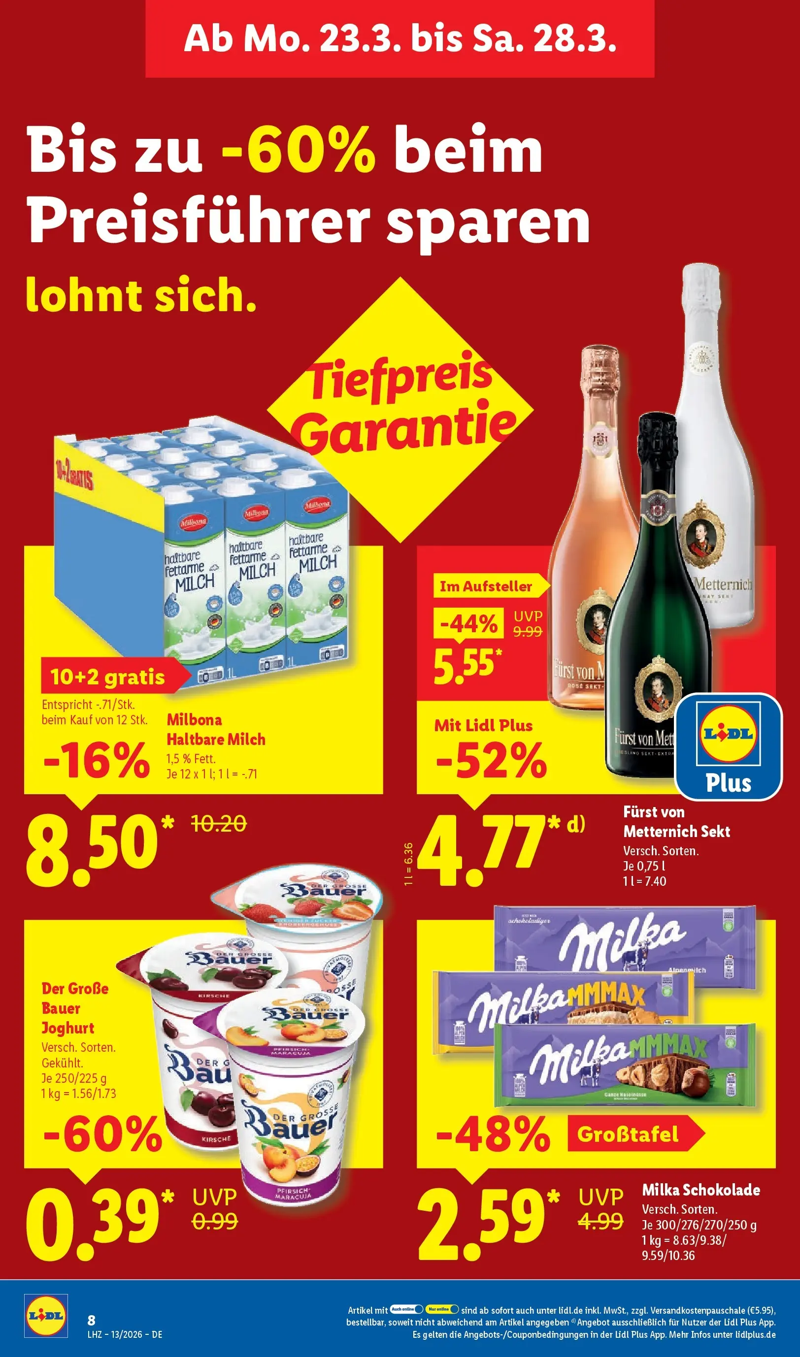 Lidl Prospekt Hof-innenstadt (ab 22.03.2026) zum Blättern » Angebote | Seite: 14 | Produkte: Furst von metternich, Milch, Milka schokolade, Haltbare milch