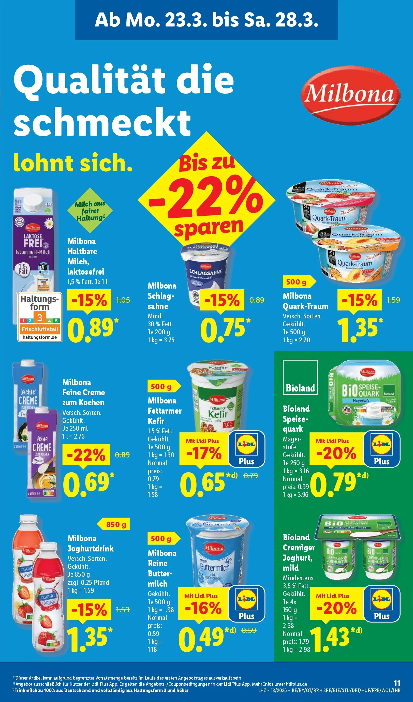 Lidl Prospekt Hof-innenstadt (ab 22.03.2026) zum Blättern » Angebote | Seite: 19 | Produkte: Kefir, Milch, Butter, Joghurt