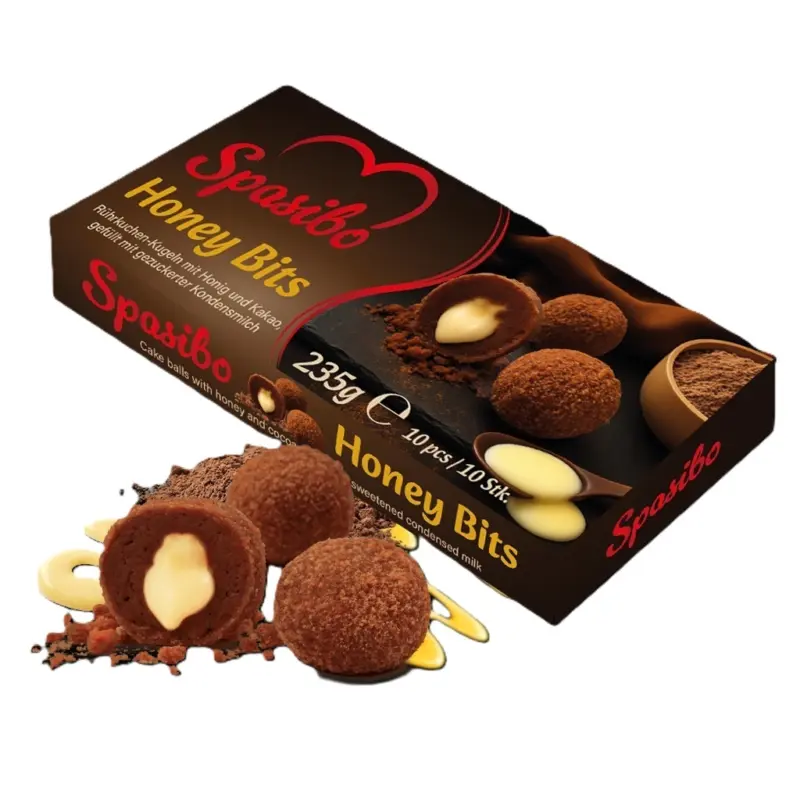 R&uuml;hrkuchen-Kugeln mit Honig (2,9%) und Kakao, gef&uuml;llt mit gezuckerter Kondensmilch, tiefgefroren