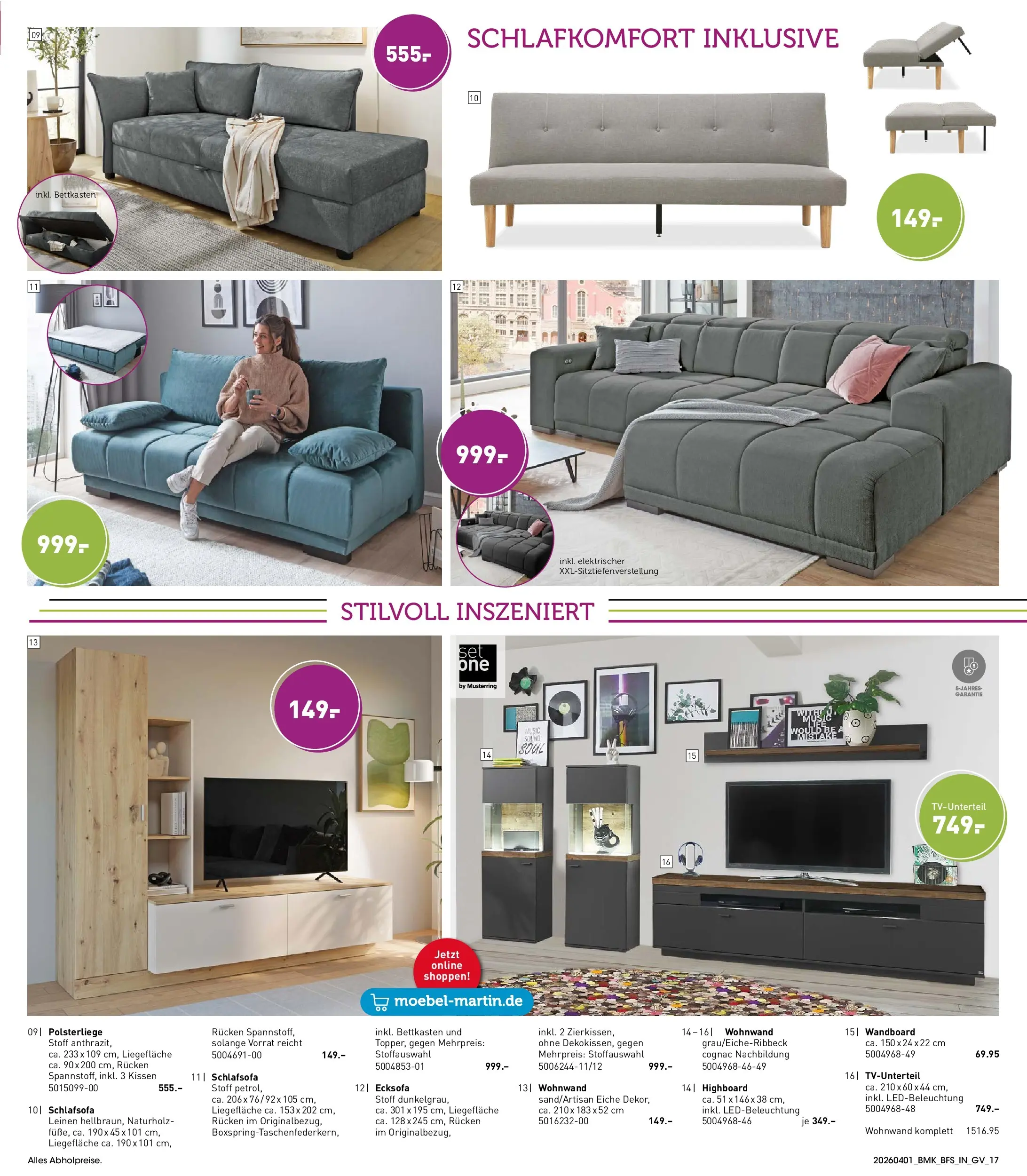 Möbel Martin - Möbel Martin: Wochenangebote (ab 31.03.2026) zum Blättern | Seite: 17 | Produkte: Schlafsofa, Ecksofa, HIghboard, Wandboard