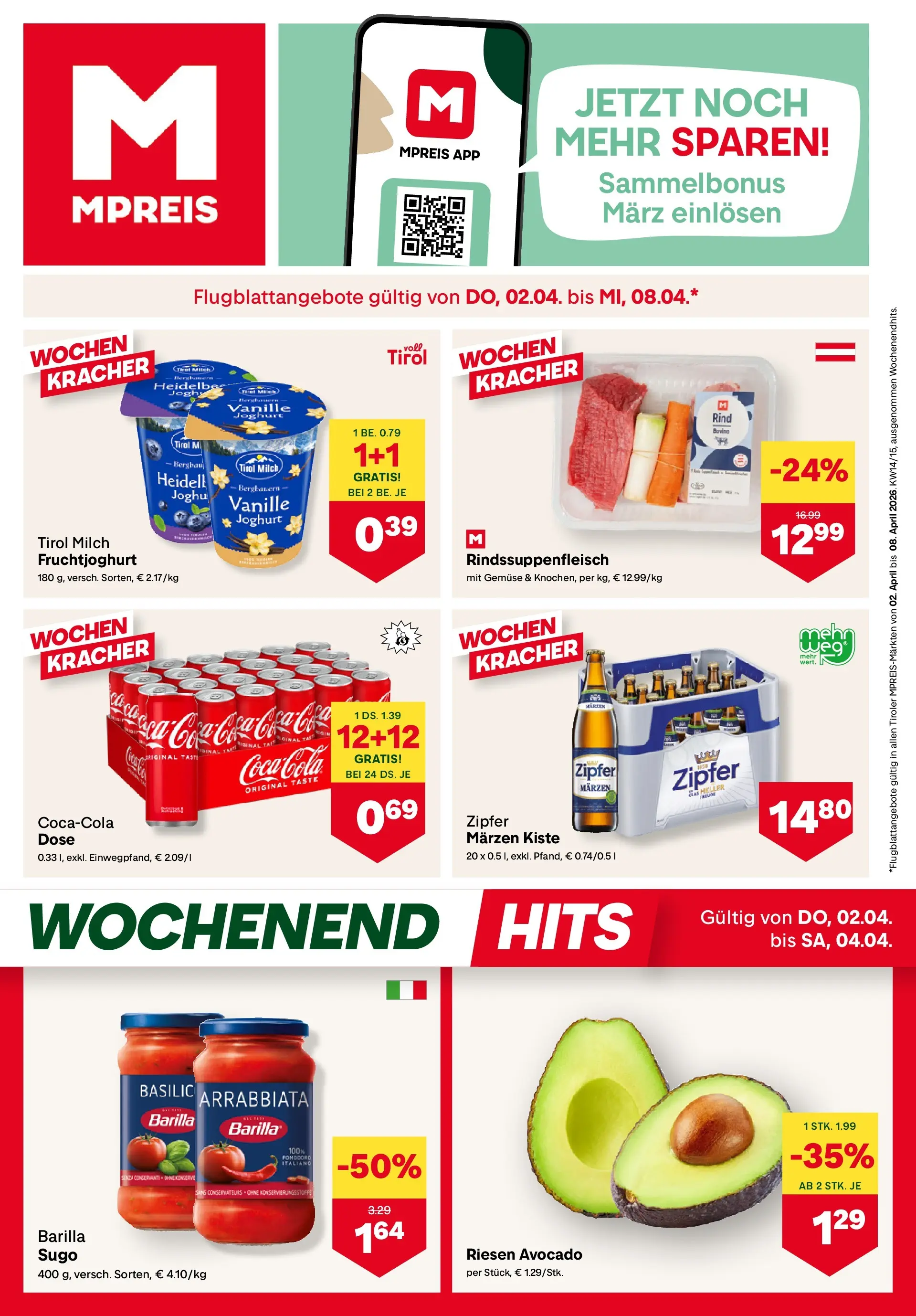 MPREIS Pfunds von 01.04.2026 - Aktuelle Angebote | Seite: 1 | Produkte: Avocado, Gemüse, Milch, Joghurt