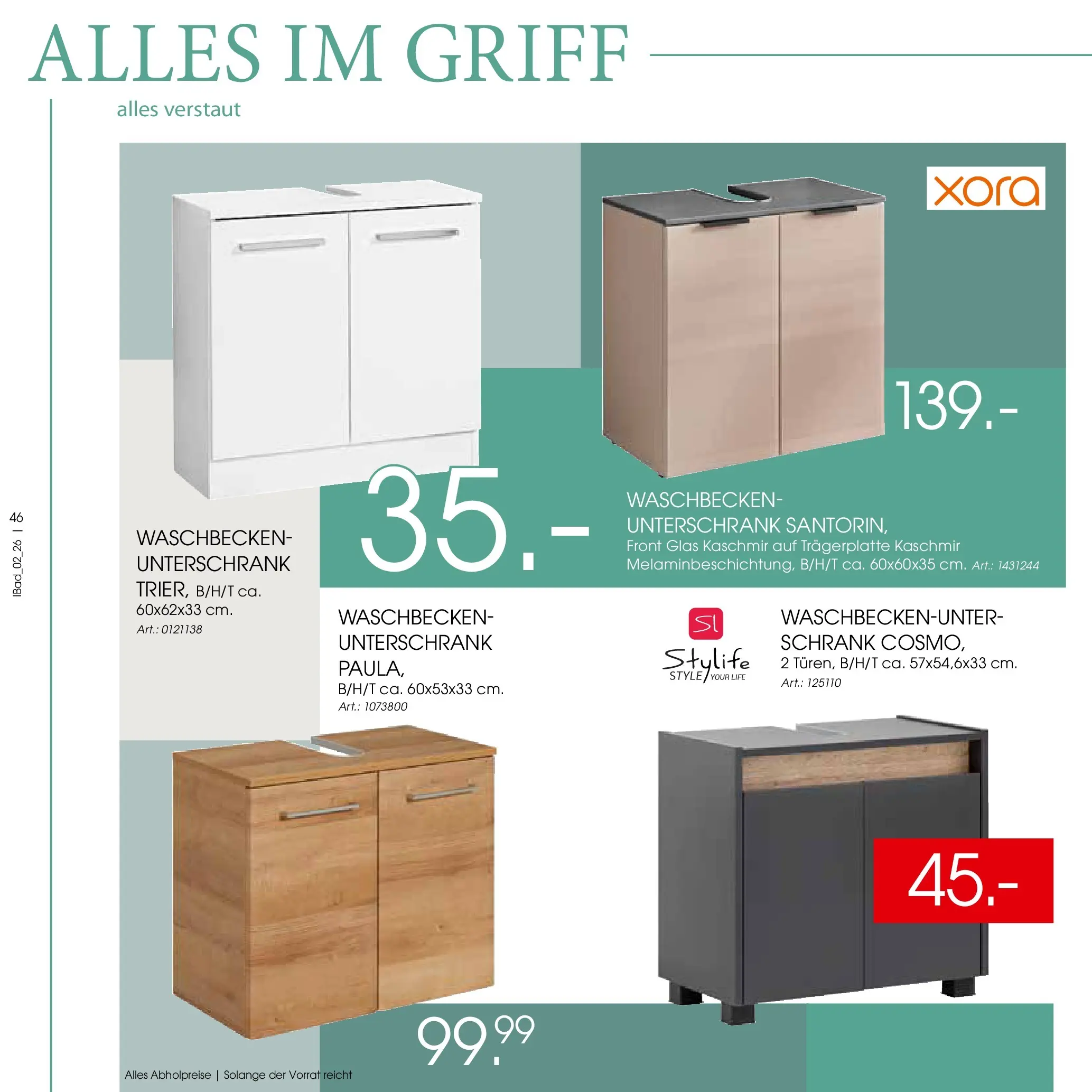 Zurbrüggen Bad Spezial (ab 23.03.2026) zum Blättern | Seite: 46 | Produkte: Schrank, Waschbecken, Unterschrank