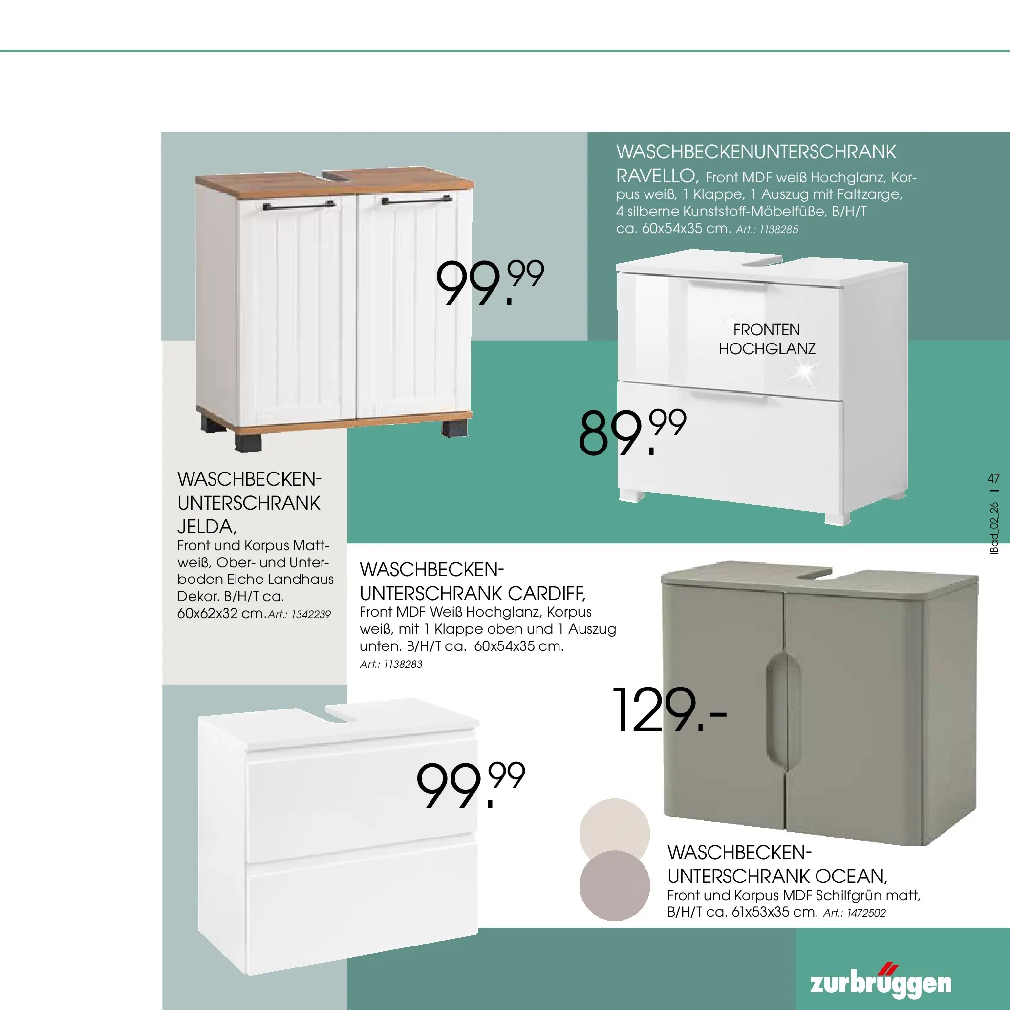 Zurbrüggen Bad Spezial (ab 23.03.2026) zum Blättern | Seite: 47 | Produkte: Waschbecken, Unterschrank
