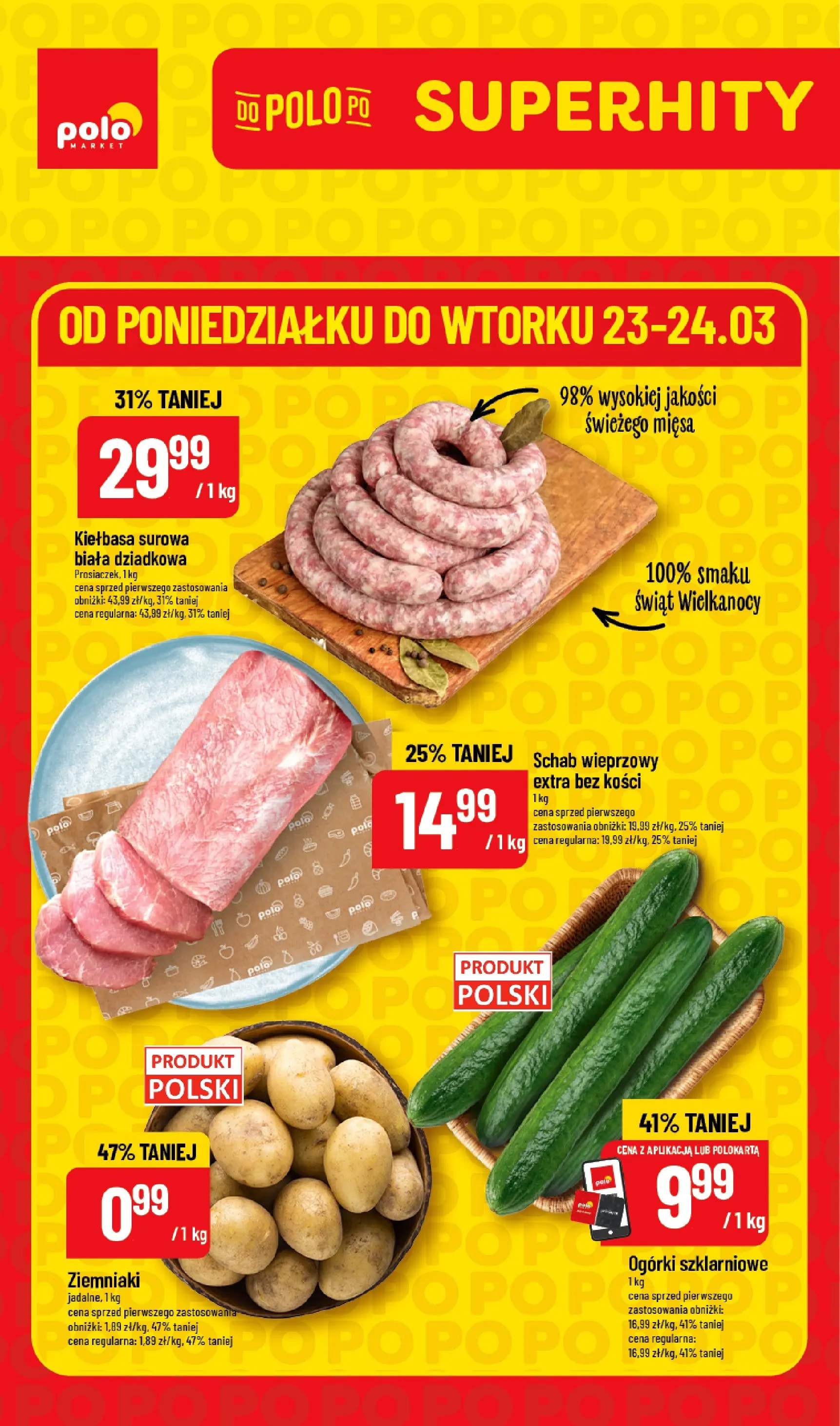 Nowa POLOmarket gazetka od jutra 23.03.2026 | Strona: 1 | Produkty: Schab, Schab wieprzowy, Ogórki, Ziemniaki