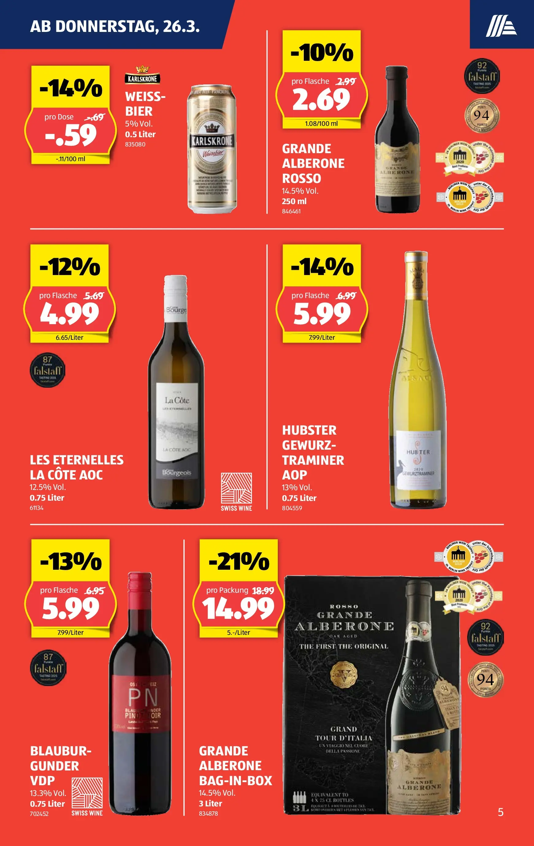 Aldi Aktionen (25.03.2026 - 01.04.2026) - Prospekt | Seite: 5 | Produkte: Wein, Bier