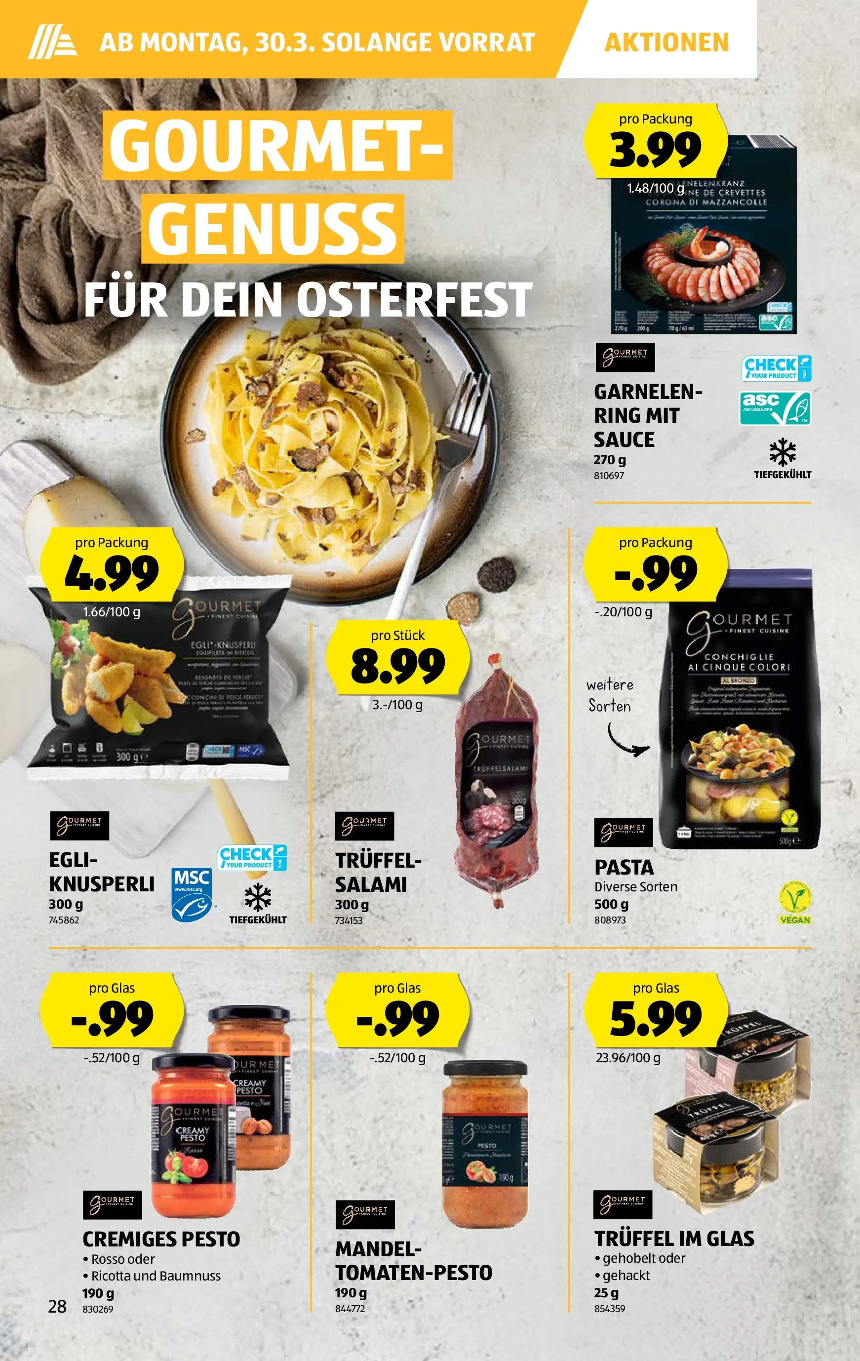 Aldi Aktionen (25.03.2026 - 01.04.2026) - Prospekt | Seite: 28 | Produkte: Garnelen, Salami, Pasta
