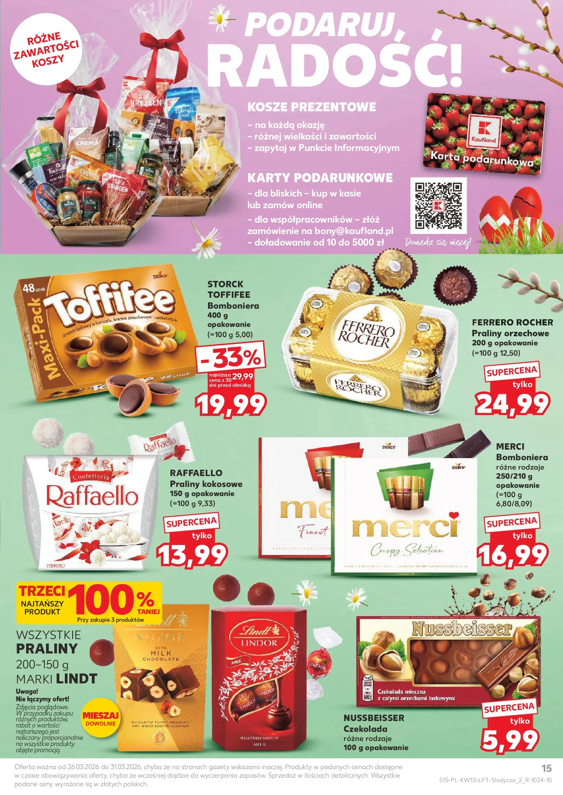 Kaufland gazetka od 26.03.2026 - od jutra PDF | Strona: 15 | Produkty: Karta, Czekolada mleczna, Praliny, Ferrero rocher