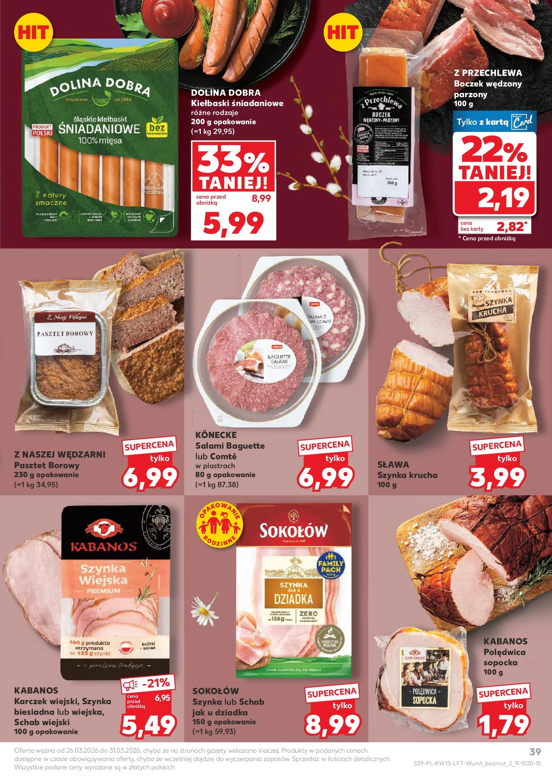 Kaufland gazetka od 26.03.2026 - od jutra PDF | Strona: 39 | Produkty: Karta, Kiełbaski, Szynka, Boczek wędzony