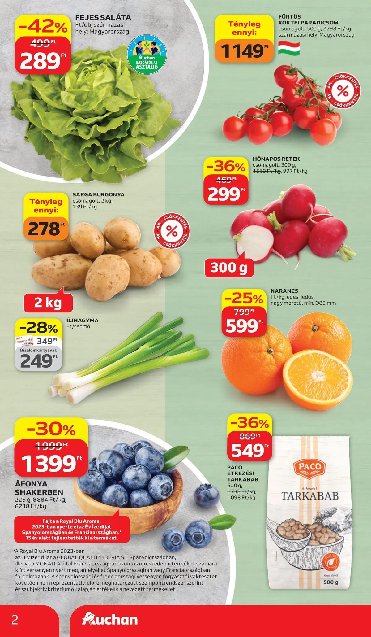Auchan akciós újság Székesfehérvár - 2026.03.26. -tól/töl > akció, lapozható szórólap 🛍️ | Oldal: 2 | Termékek: Áfonya, Koktélparadicsom, Retek, Narancs