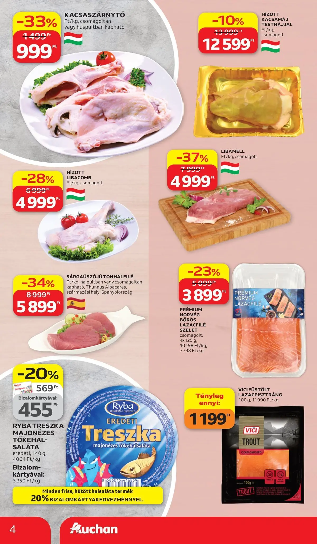 Auchan akciós újság Székesfehérvár - 2026.03.26. -tól/töl > akció, lapozható szórólap 🛍️ | Oldal: 4 | Termékek: Libamell, Libacomb, Lazacfilé, Saláta