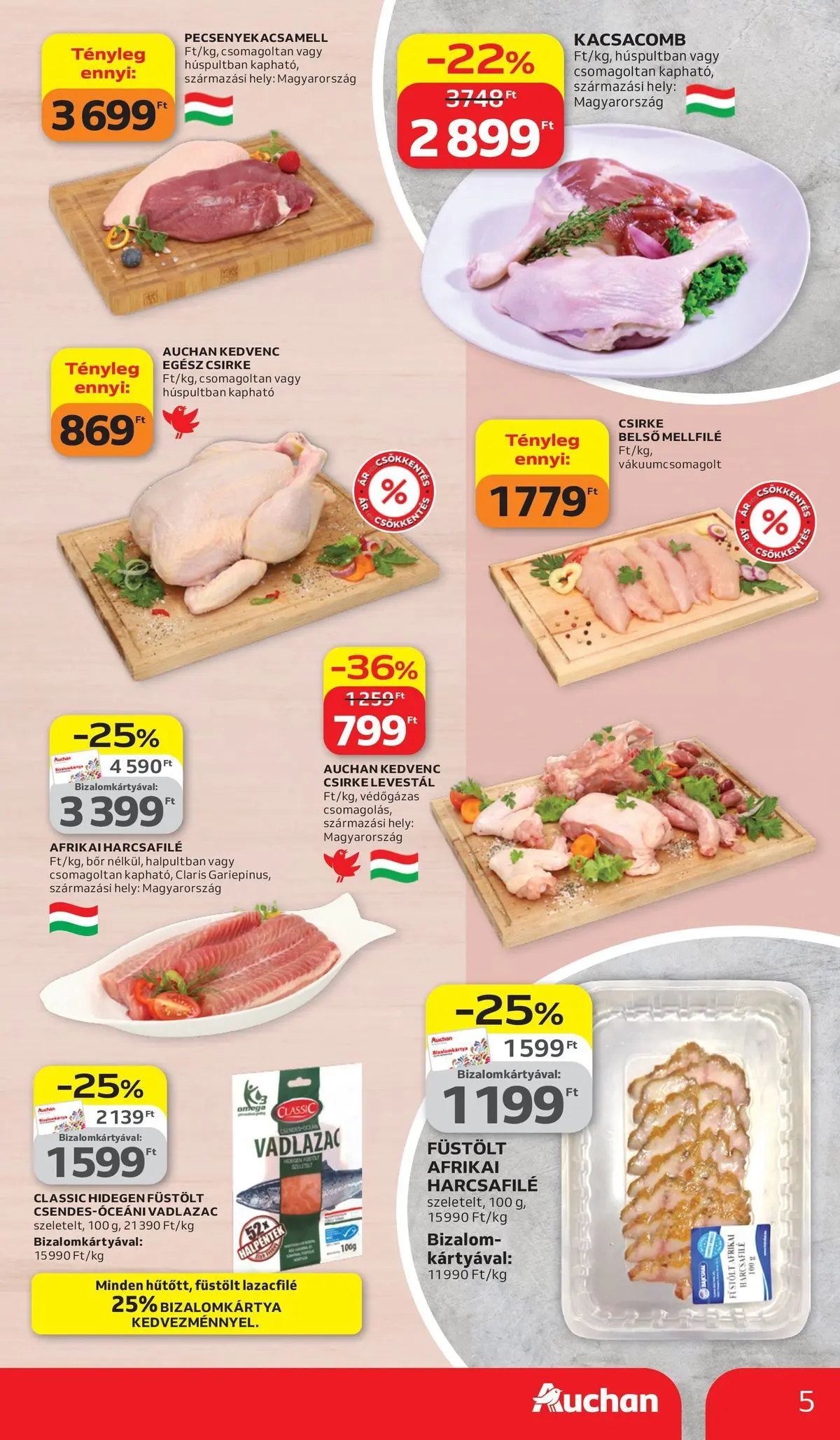 Auchan akciós újság Székesfehérvár - 2026.03.26. -tól/töl > akció, lapozható szórólap 🛍️ | Oldal: 5 | Termékek: Kacsacomb, Lazacfilé, Afrikai harcsafilé, Bor
