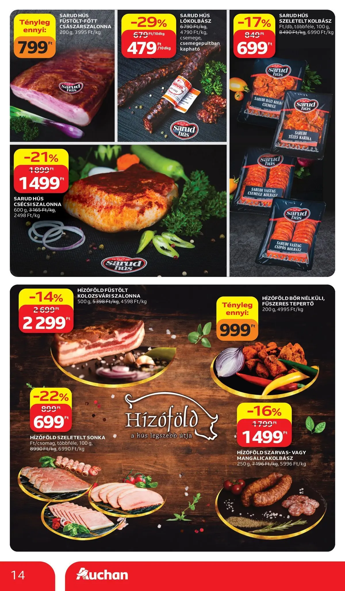 Auchan akciós újság Székesfehérvár - 2026.03.26. -tól/töl > akció, lapozható szórólap 🛍️ | Oldal: 14 | Termékek: Kolbász, Császárszalonna, Szalonna, Bor