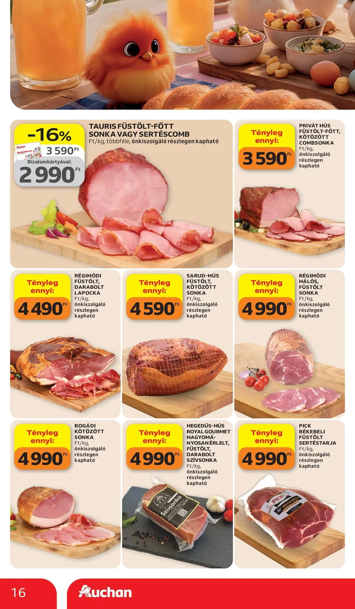 Auchan akciós újság Székesfehérvár - 2026.03.26. -tól/töl > akció, lapozható szórólap 🛍️ | Oldal: 16 | Termékek: Sertéstarja, Pick, Sertéscomb, Kötözött sonka