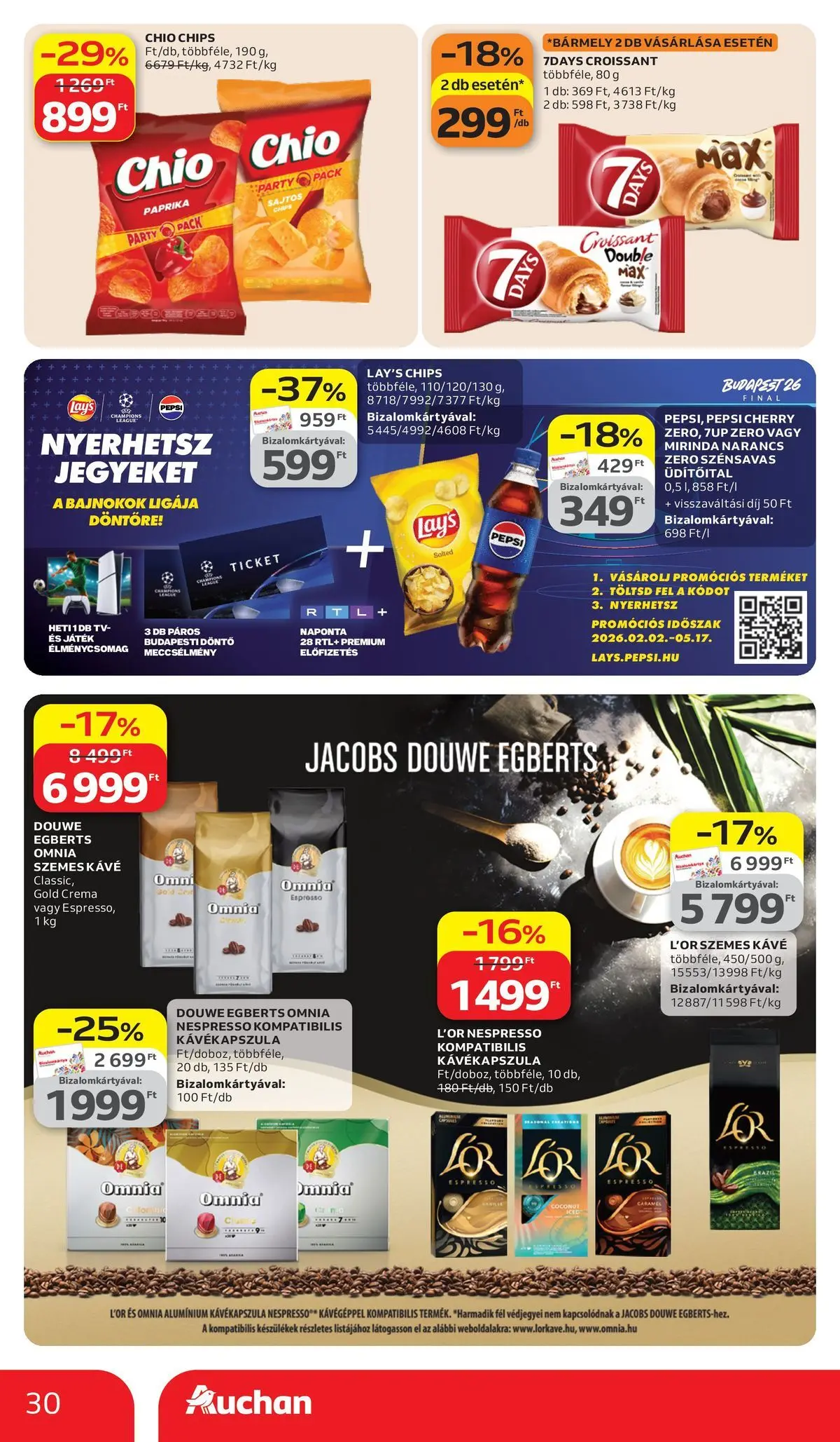 Auchan akciós újság Székesfehérvár - 2026.03.26. -tól/töl > akció, lapozható szórólap 🛍️ | Oldal: 30 | Termékek: Chips, Kávékapszula, TV, Narancs