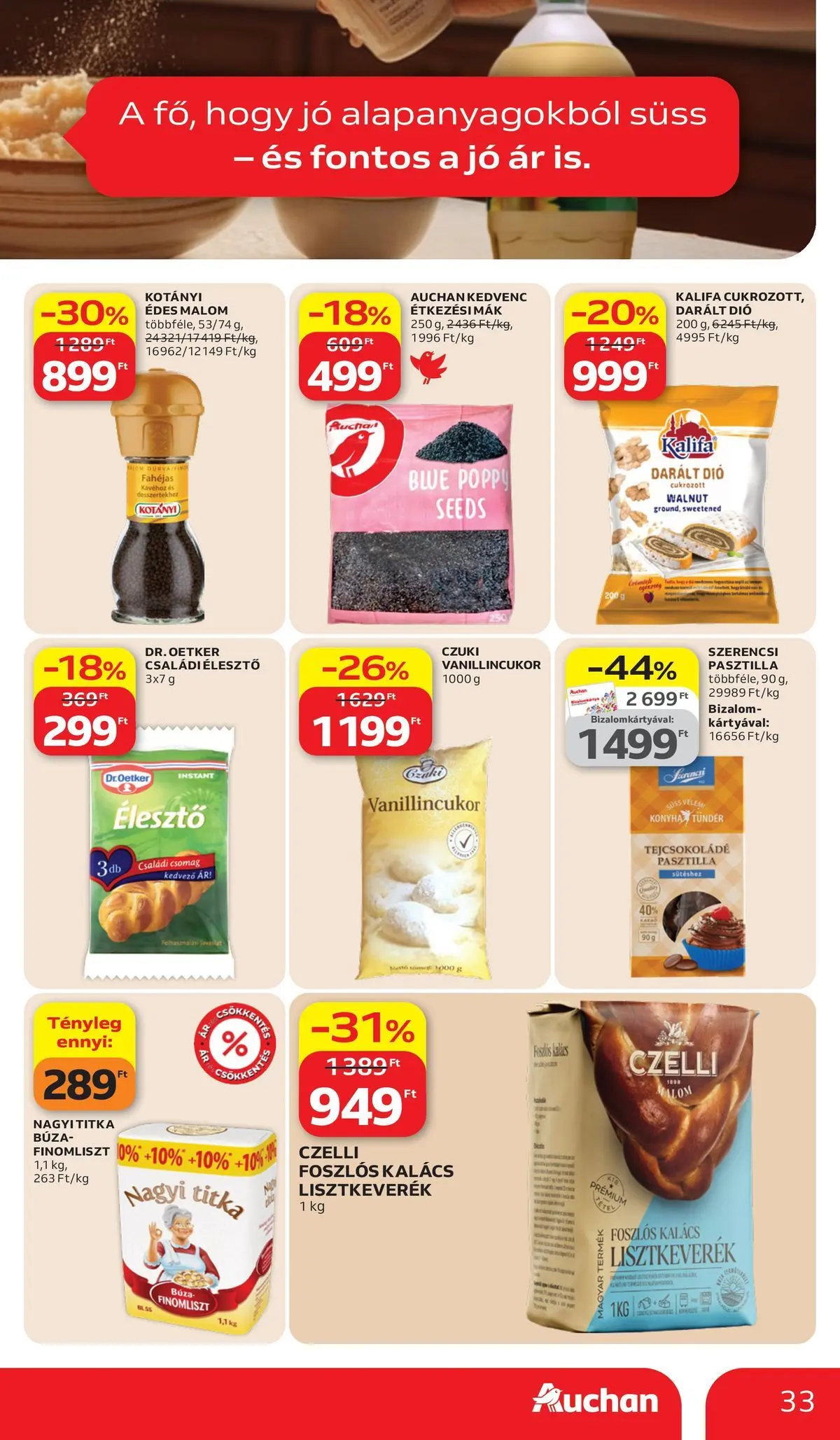 Auchan akciós újság Székesfehérvár - 2026.03.26. -tól/töl > akció, lapozható szórólap 🛍️ | Oldal: 33 | Termékek: Vanillincukor, Búza finomliszt, Tejcsokoládé, Darált dió