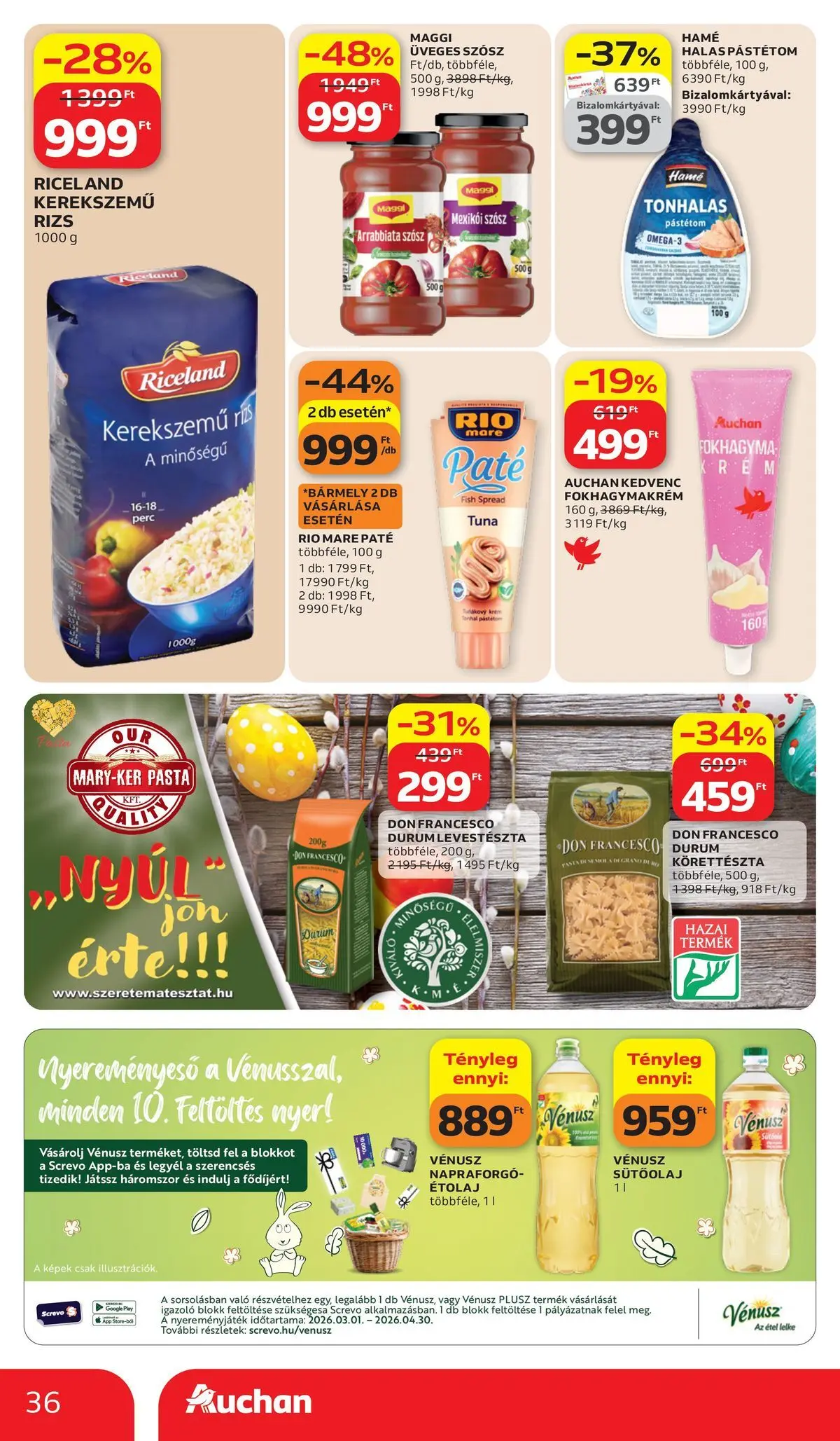 Auchan akciós újság Székesfehérvár - 2026.03.26. -tól/töl > akció, lapozható szórólap 🛍️ | Oldal: 36 | Termékek: Tonhal, Levestészta, Rizs, Szósz