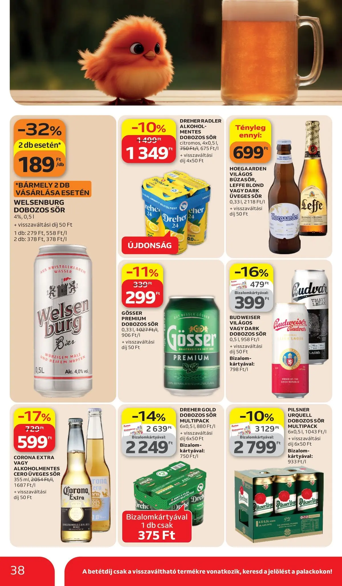 Auchan akciós újság Székesfehérvár - 2026.03.26. -tól/töl > akció, lapozható szórólap 🛍️ | Oldal: 38 | Termékek: Alkohol, Budweiser, Gösser, Dobozos sör