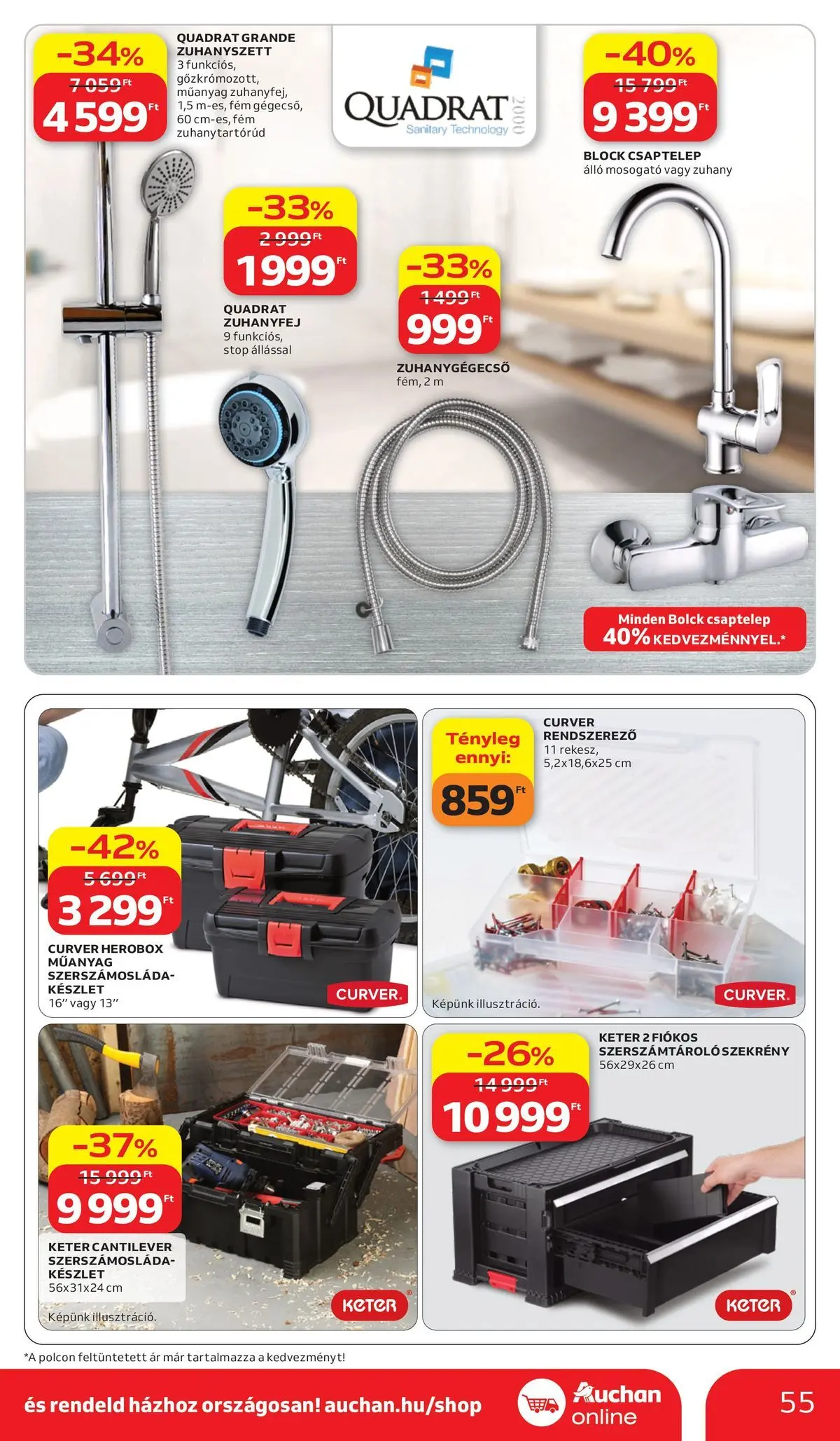 Auchan akciós újság Székesfehérvár - 2026.03.26. -tól/töl > akció, lapozható szórólap 🛍️ | Oldal: 55 | Termékek: Csaptelep, Rendszerező, Zuhany, Szerszámosláda