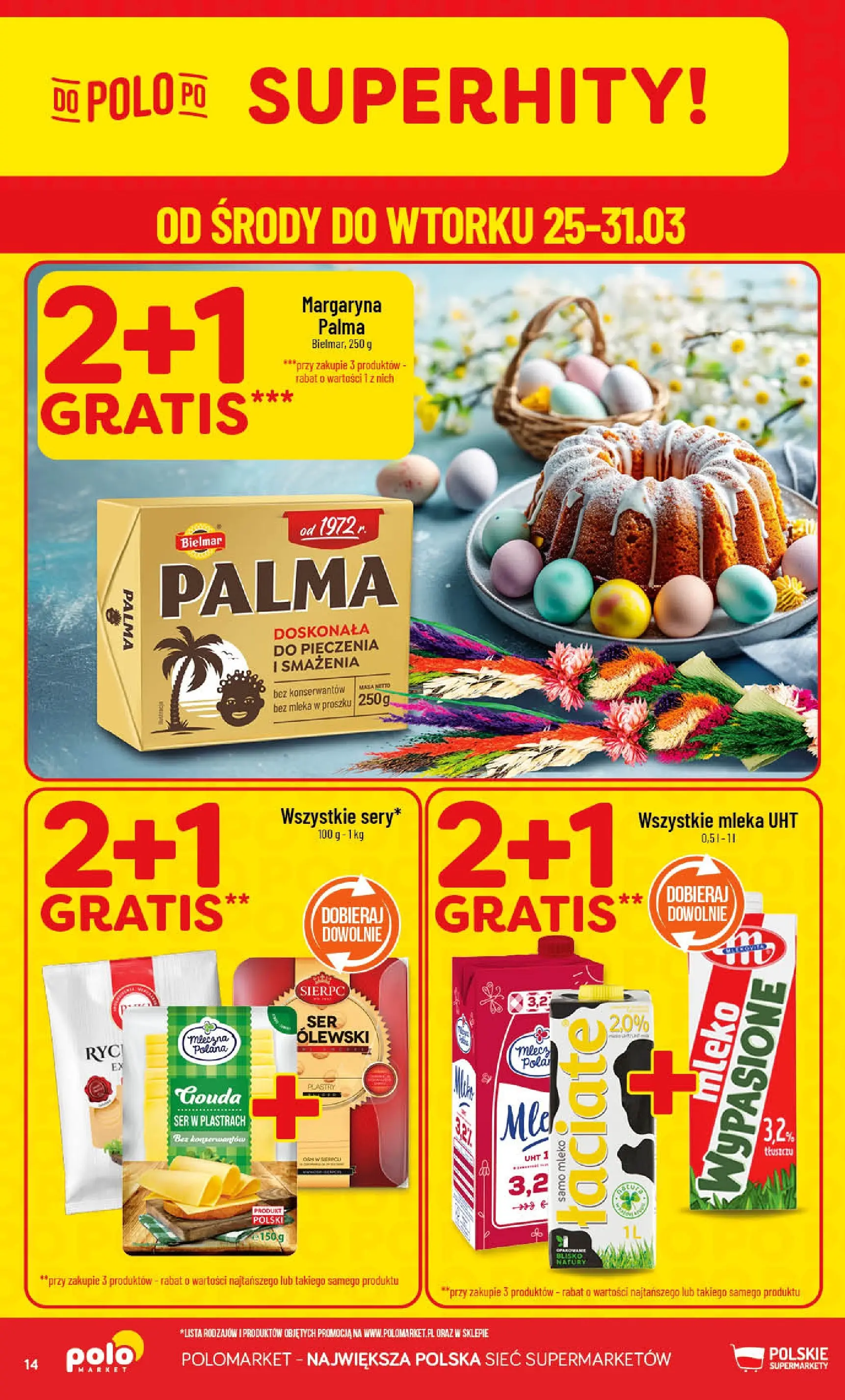 Nowa POLOmarket gazetka od jutra 25.03.2026 | Strona: 14 | Produkty: Mleka, Margaryna, Mleko, Ser