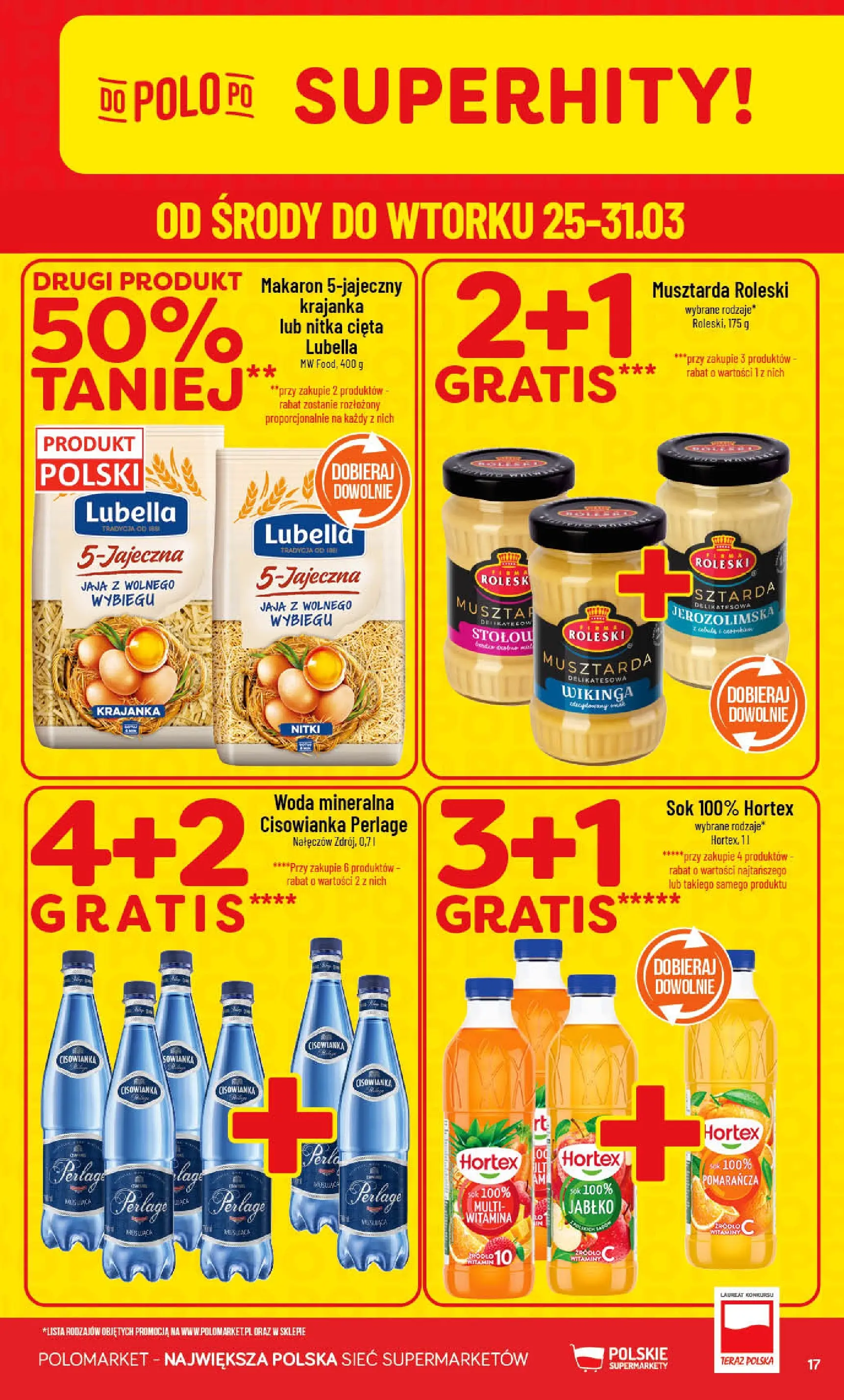 Nowa POLOmarket gazetka od jutra 25.03.2026 | Strona: 17 | Produkty: Sok, Makaron, Woda, Jaja