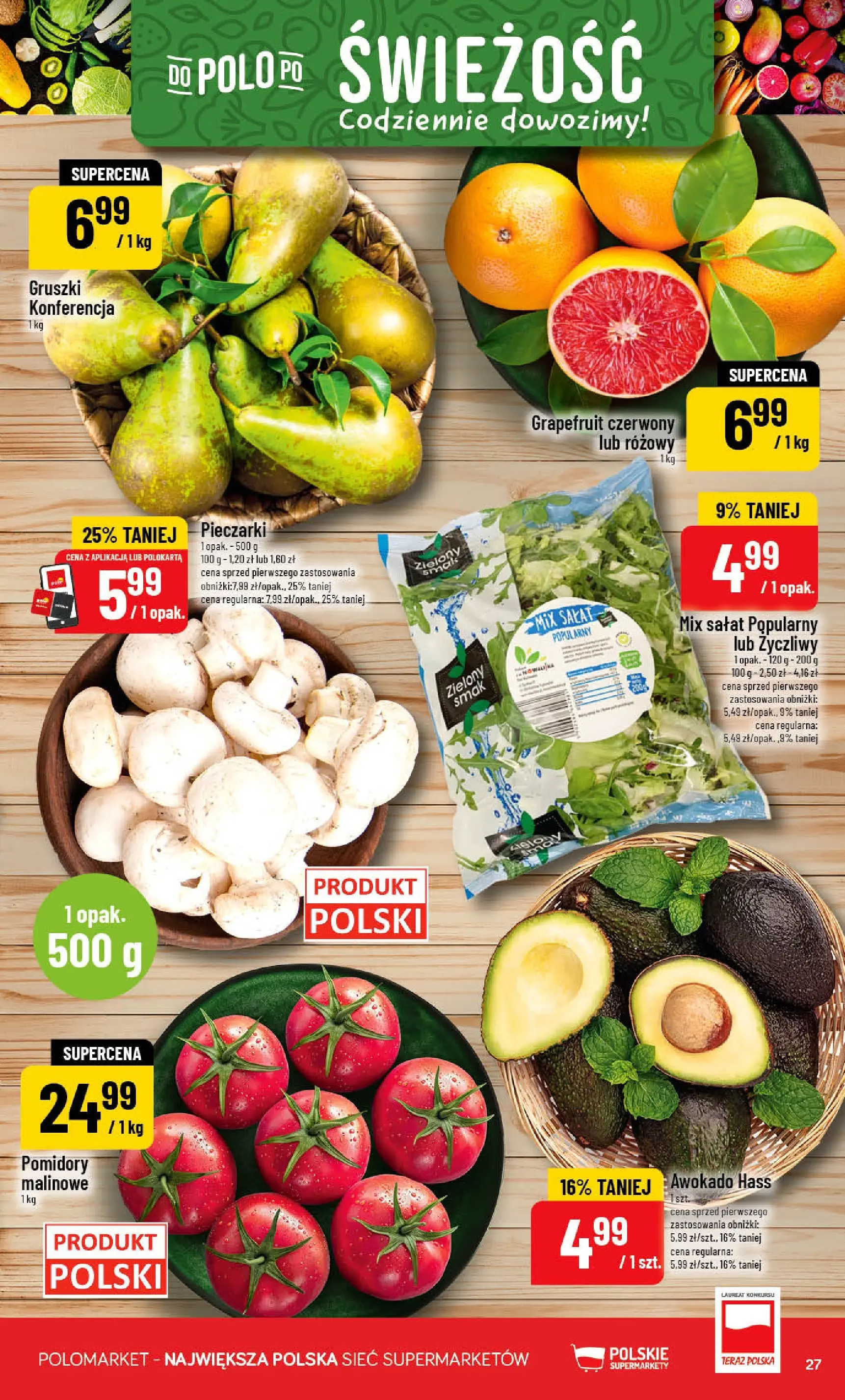 Nowa POLOmarket gazetka od jutra 25.03.2026 | Strona: 27 | Produkty: Pieczarki, Pomidory malinowe, Mix sałat, Pomidory