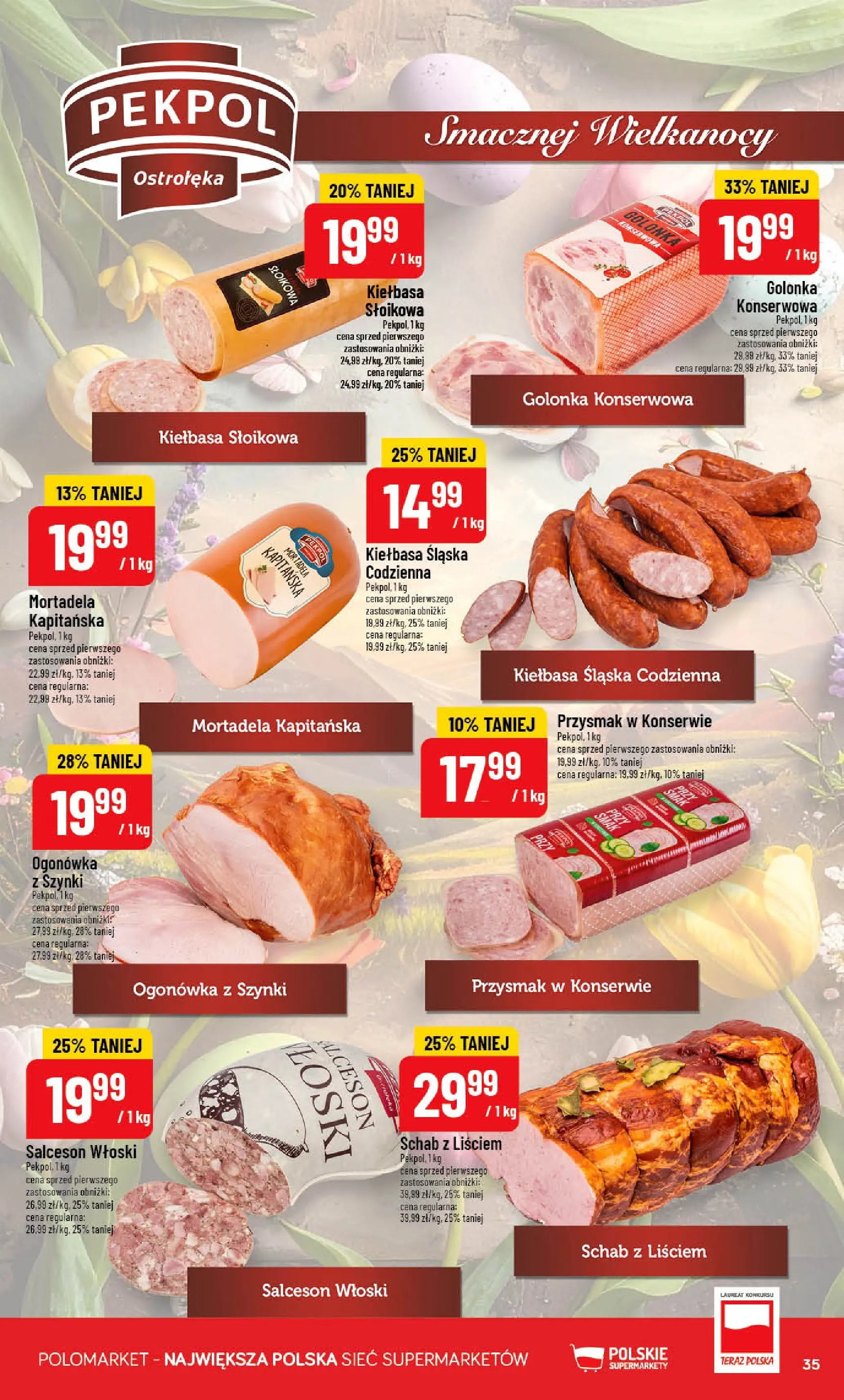 Nowa POLOmarket gazetka od jutra 25.03.2026 | Strona: 35 | Produkty: Kiełbasa, Mortadela, Schab, Kiełbasa śląska