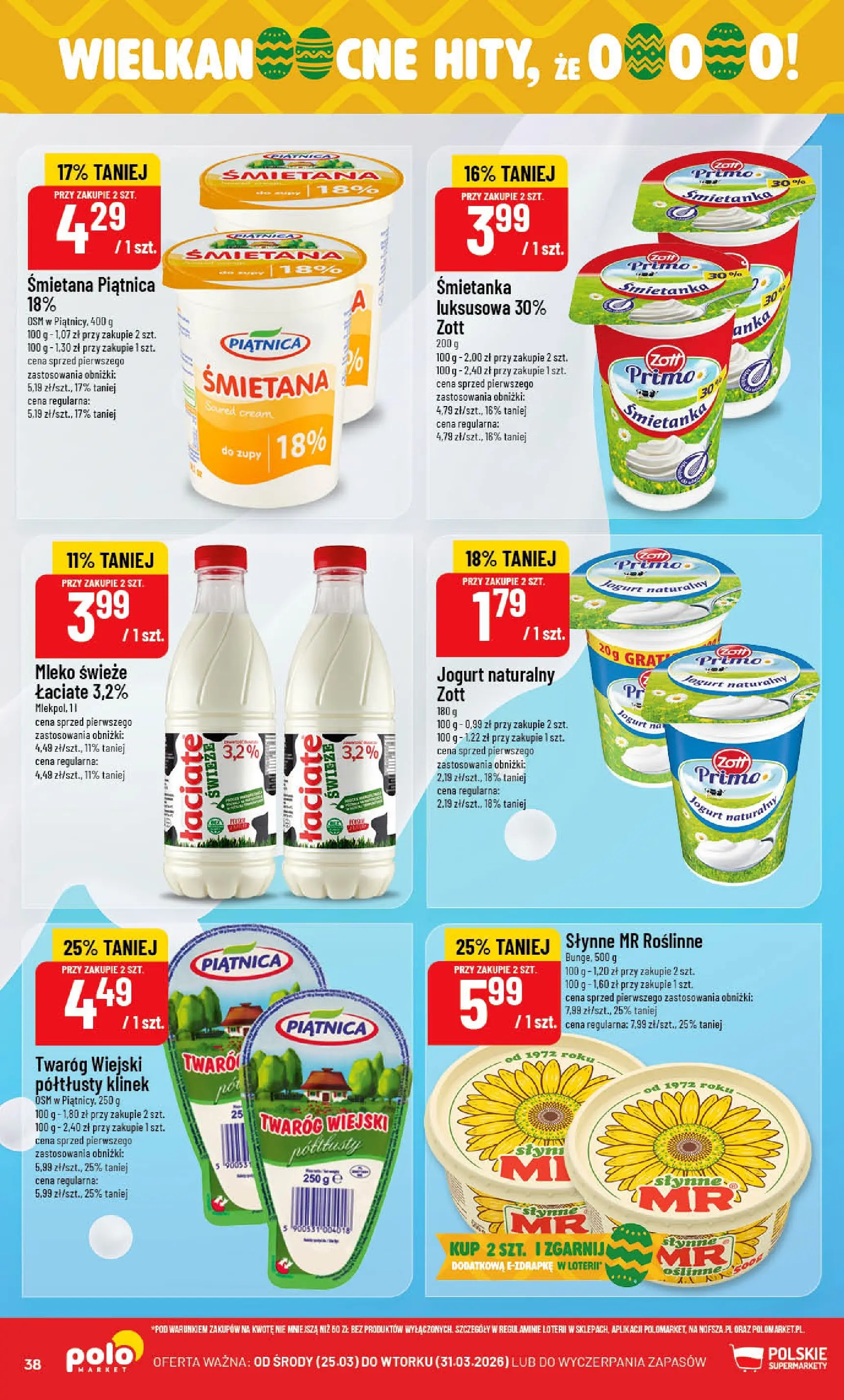 Nowa POLOmarket gazetka od jutra 25.03.2026 | Strona: 38 | Produkty: Jogurt naturalny, Mleko, Śmietana, Twaróg