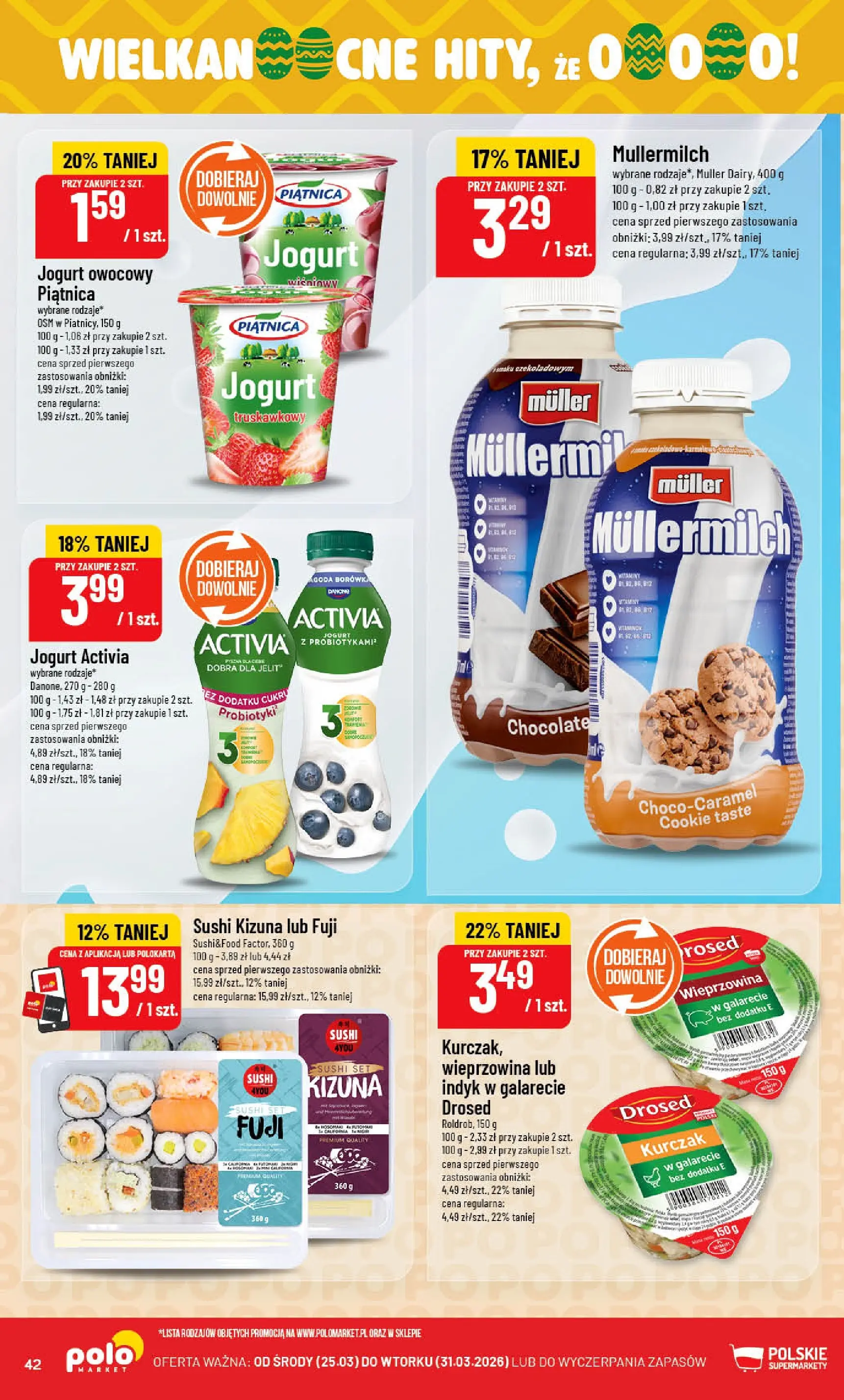 Nowa POLOmarket gazetka od jutra 25.03.2026 | Strona: 42 | Produkty: Jogurt owocowy, Sushi, Jogurt, Wieprzowina